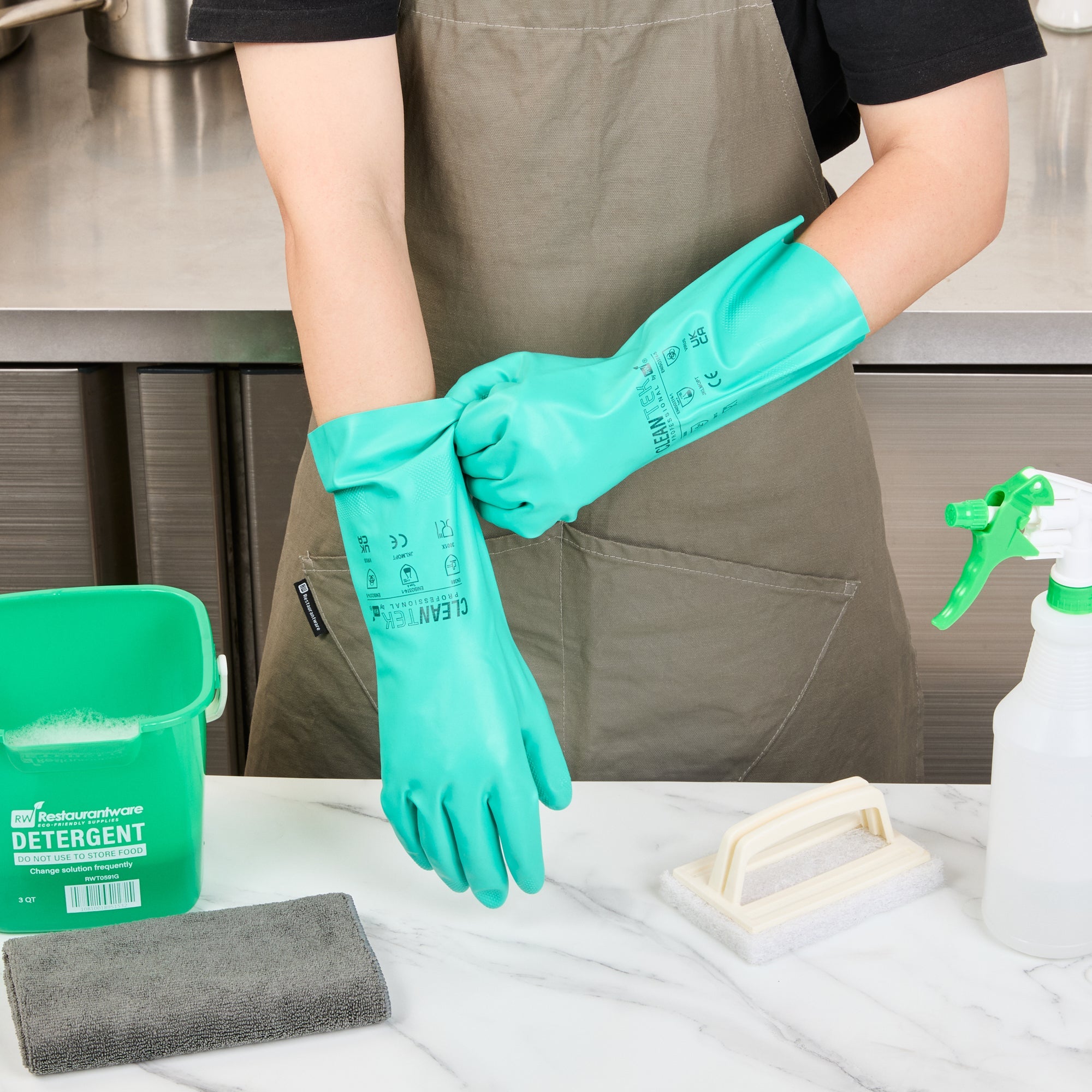 Clean Tek Professional Green Small Nitrile Gloves - 15 mil, Flock Lining, Chemical-Resistant - 13" x 4 1/4" - Pair - 1 count box
