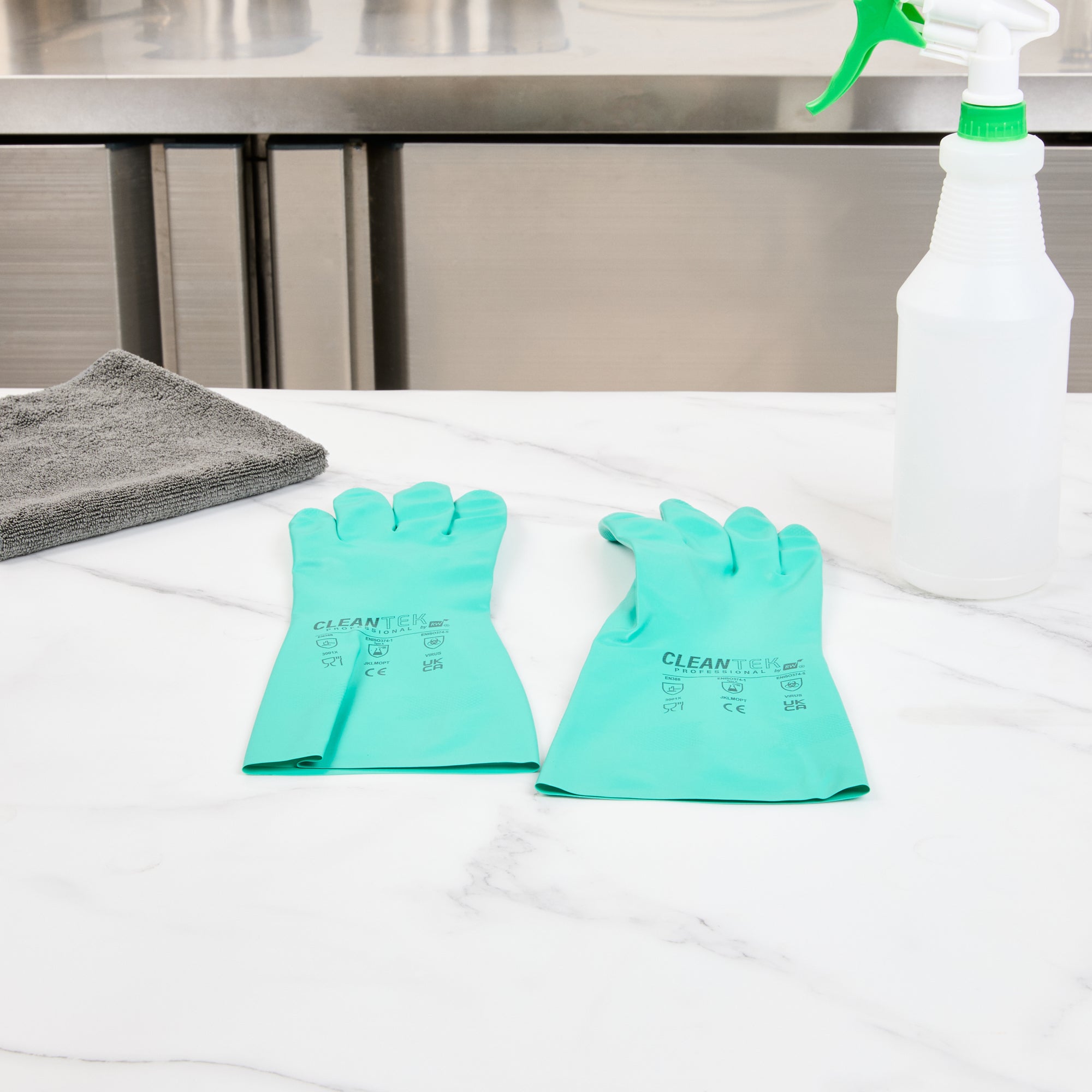 Clean Tek Professional Green Small Nitrile Gloves - 15 mil, Flock Lining, Chemical-Resistant - 13" x 4 1/4" - Pair - 1 count box