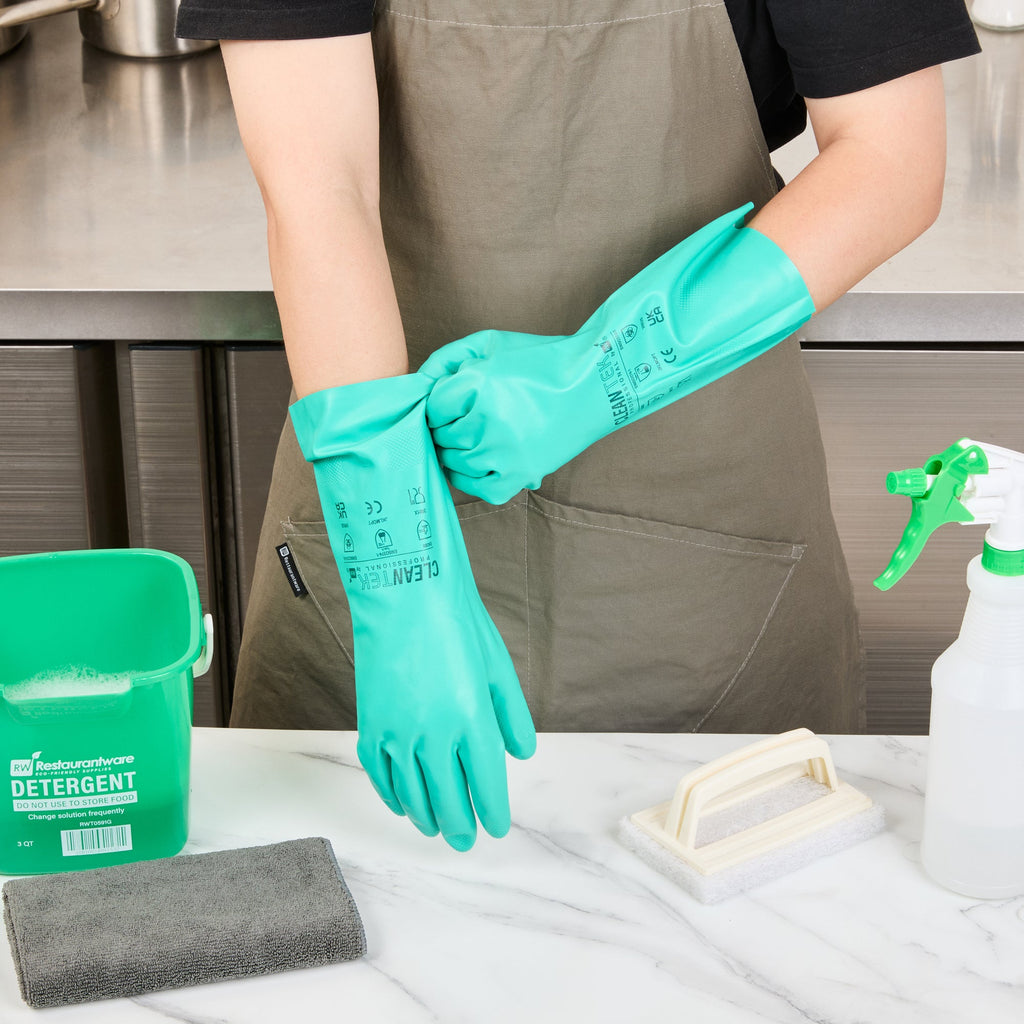 Clean Tek Professional Green Small Nitrile Gloves - 15 mil, Flock Lining, Chemical-Resistant - 13" x 4 1/4" - Pair - 10 count box