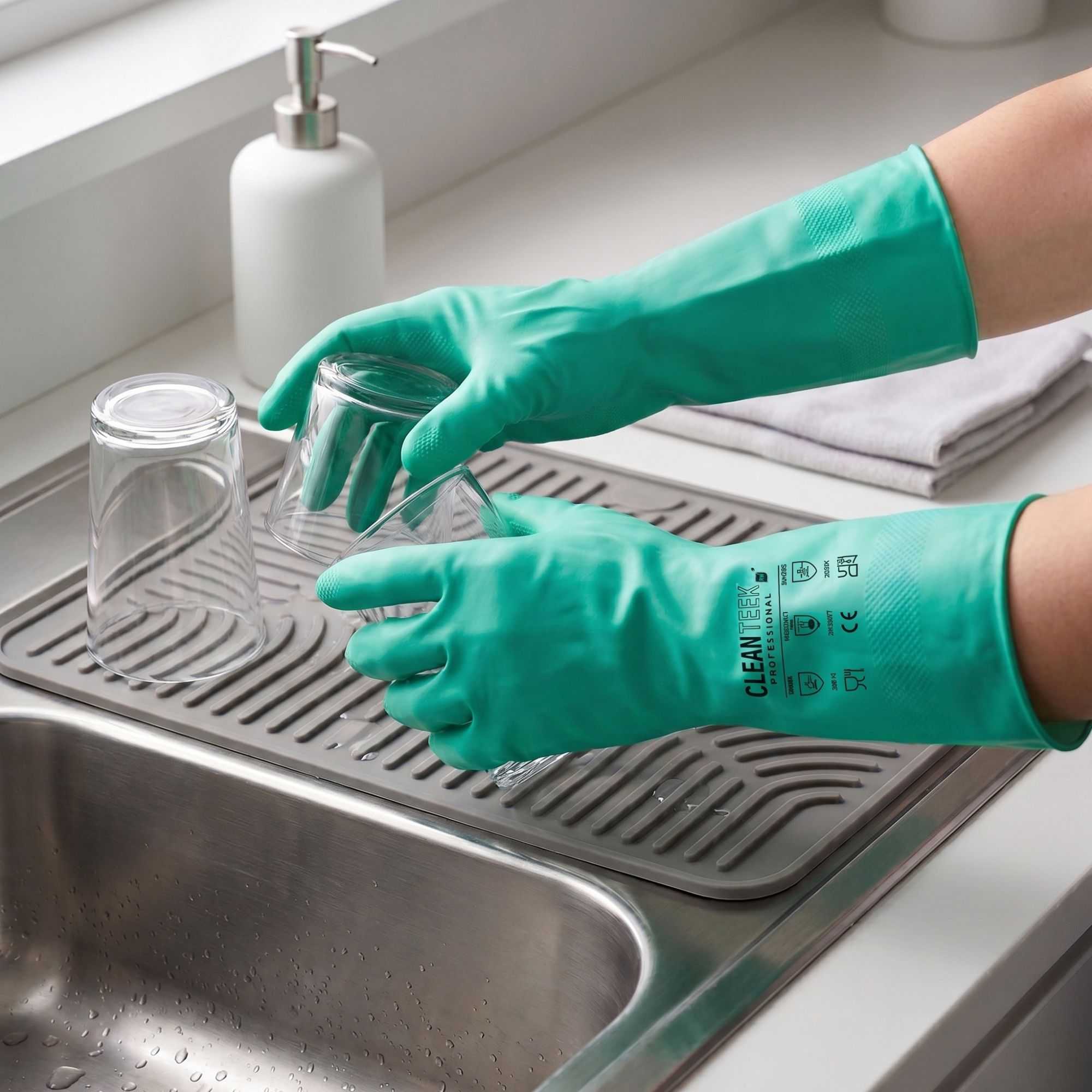 Clean Tek Professional Green Medium Nitrile Gloves - 15 mil, Flock Lining, Chemical-Resistant - 13" x 4 1/4" - Pair - 1 count box