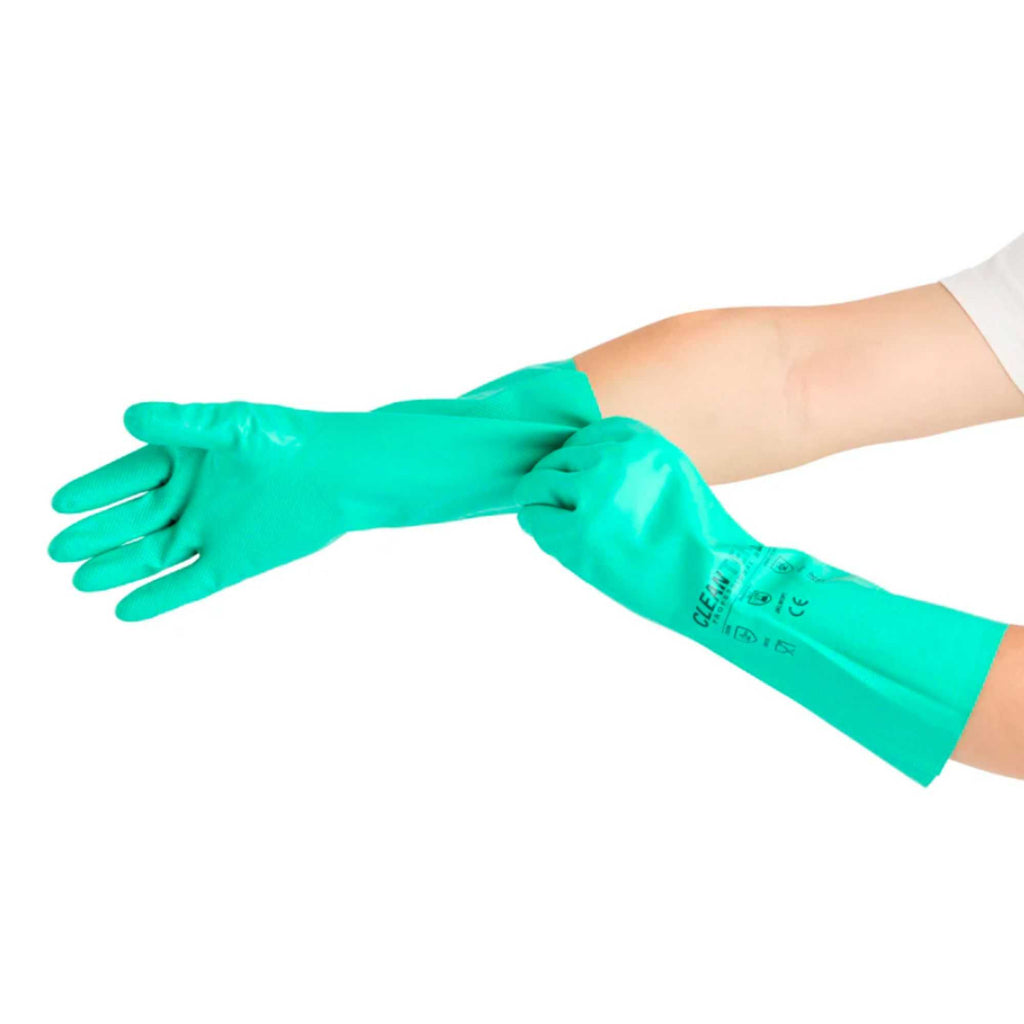 Clean Tek Professional Green Medium Nitrile Gloves - 15 mil, Flock Lining, Chemical-Resistant - 13" x 4 1/4" - Pair - 10 count box