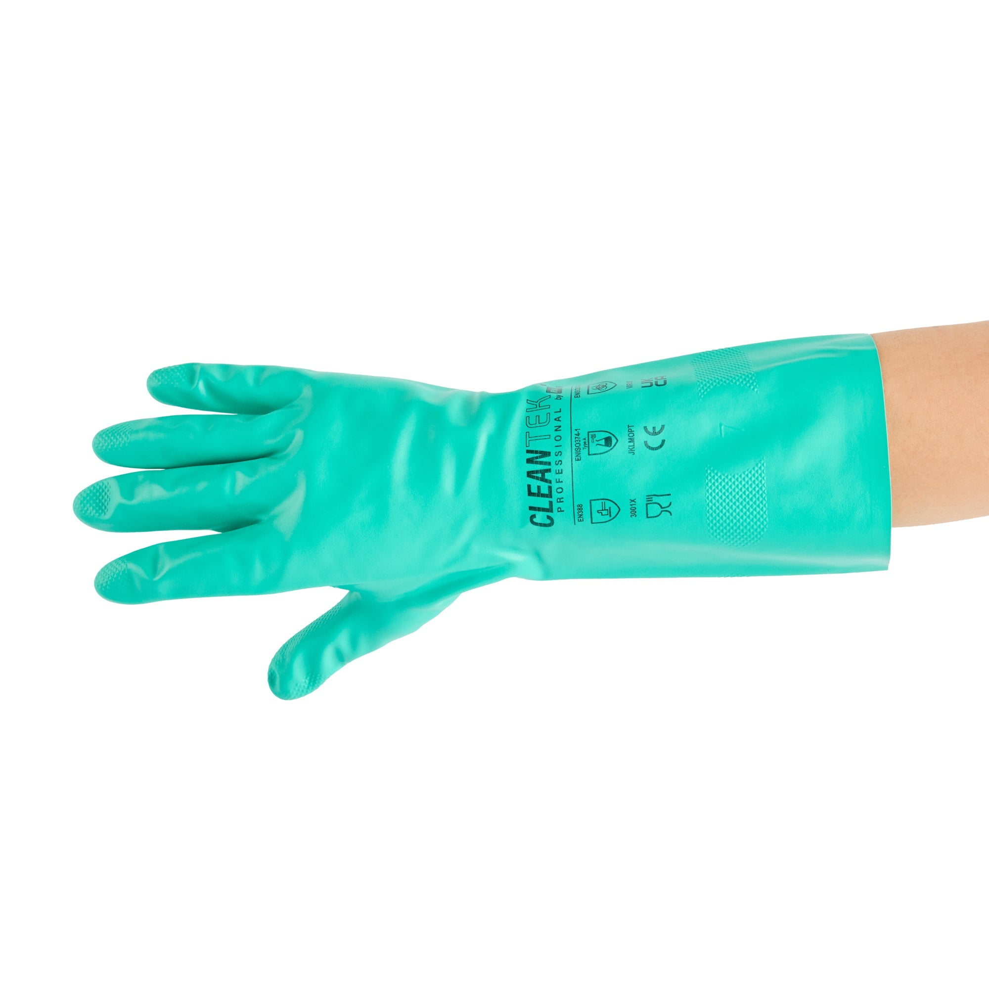 Clean Tek Professional Green Large Nitrile Gloves - 15 mil, Flock Lining, Chemical-Resistant - 13" x 4 1/2" - Pair - 1 count box