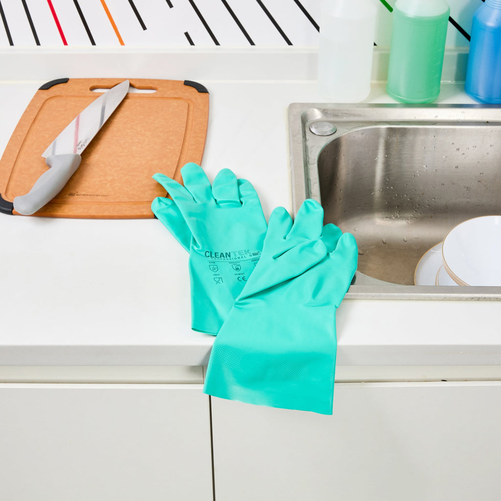 Clean Tek Professional Green Large Nitrile Gloves - 15 mil, Flock Lining, Chemical-Resistant - 13" x 4 1/2" - Pair - 1 count box