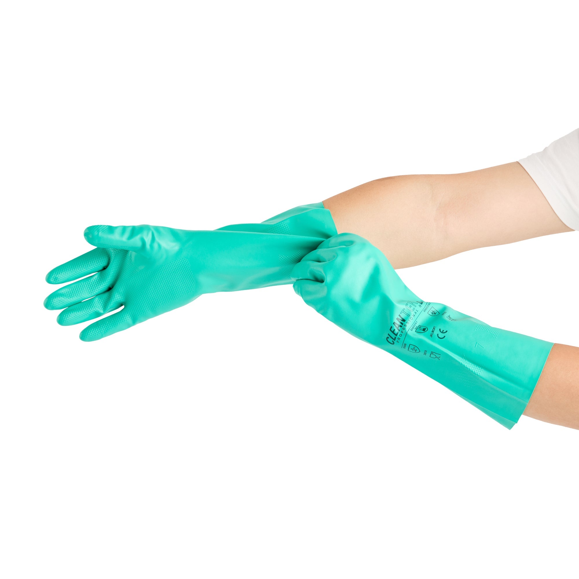 Clean Tek Professional Green Large Nitrile Gloves - 15 mil, Flock Lining, Chemical-Resistant - 13" x 4 1/2" - Pair - 10 count box