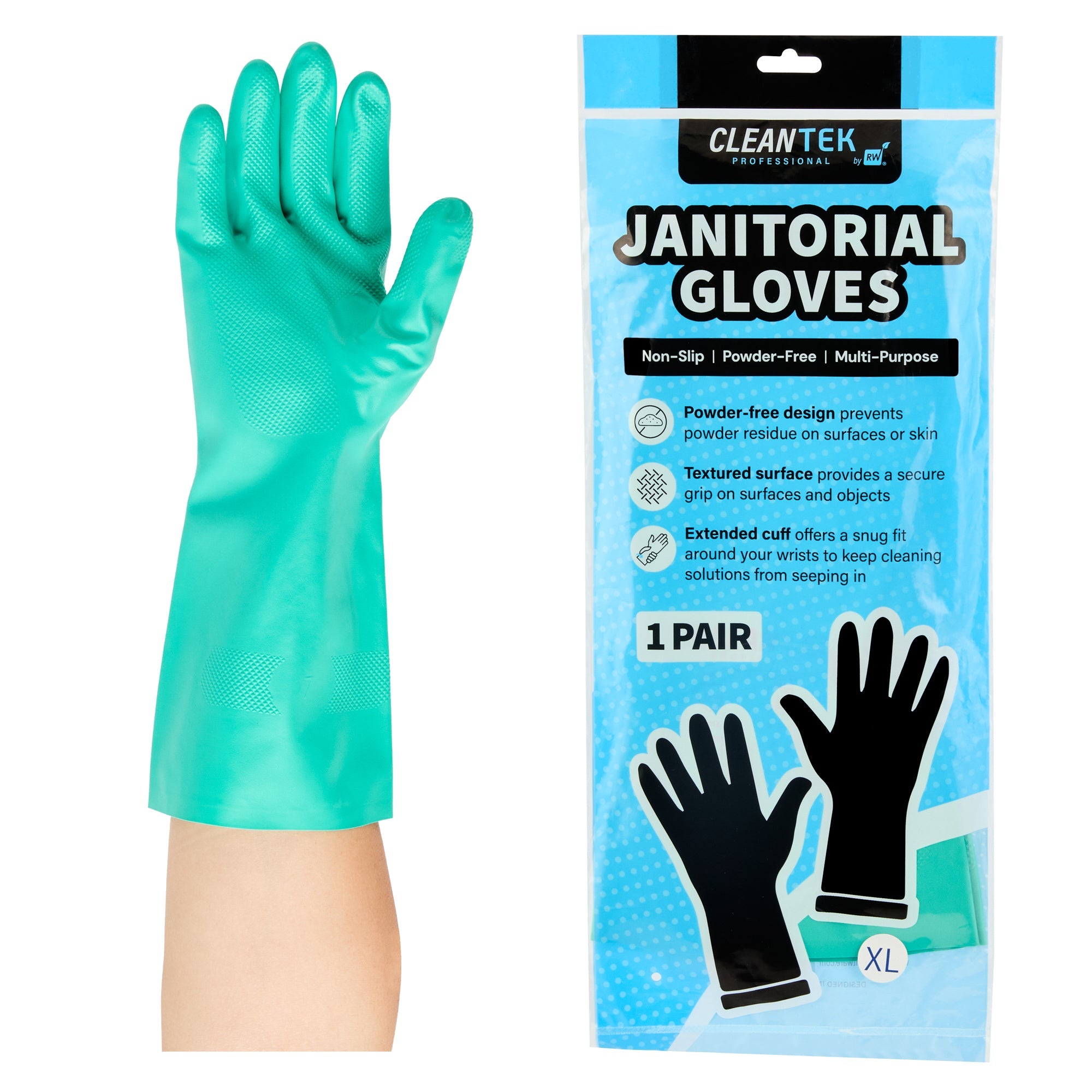 Clean Tek Professional Green Extra Large Nitrile Gloves - 15 mil, Flock Lining, Chemical-Resistant - 13" x 4 3/4" - Pair - 1 count box