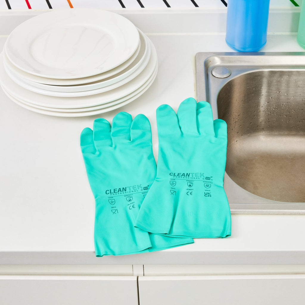 Clean Tek Professional Green Extra Large Nitrile Gloves - 15 mil, Flock Lining, Chemical-Resistant - 13" x 4 3/4" - Pair - 1 count box