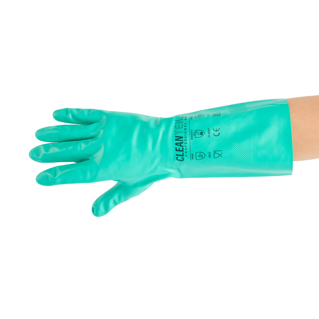 Clean Tek Professional Green Extra Large Nitrile Gloves - 15 mil, Flock Lining, Chemical-Resistant - 13" x 4 3/4" - Pair - 10 count box
