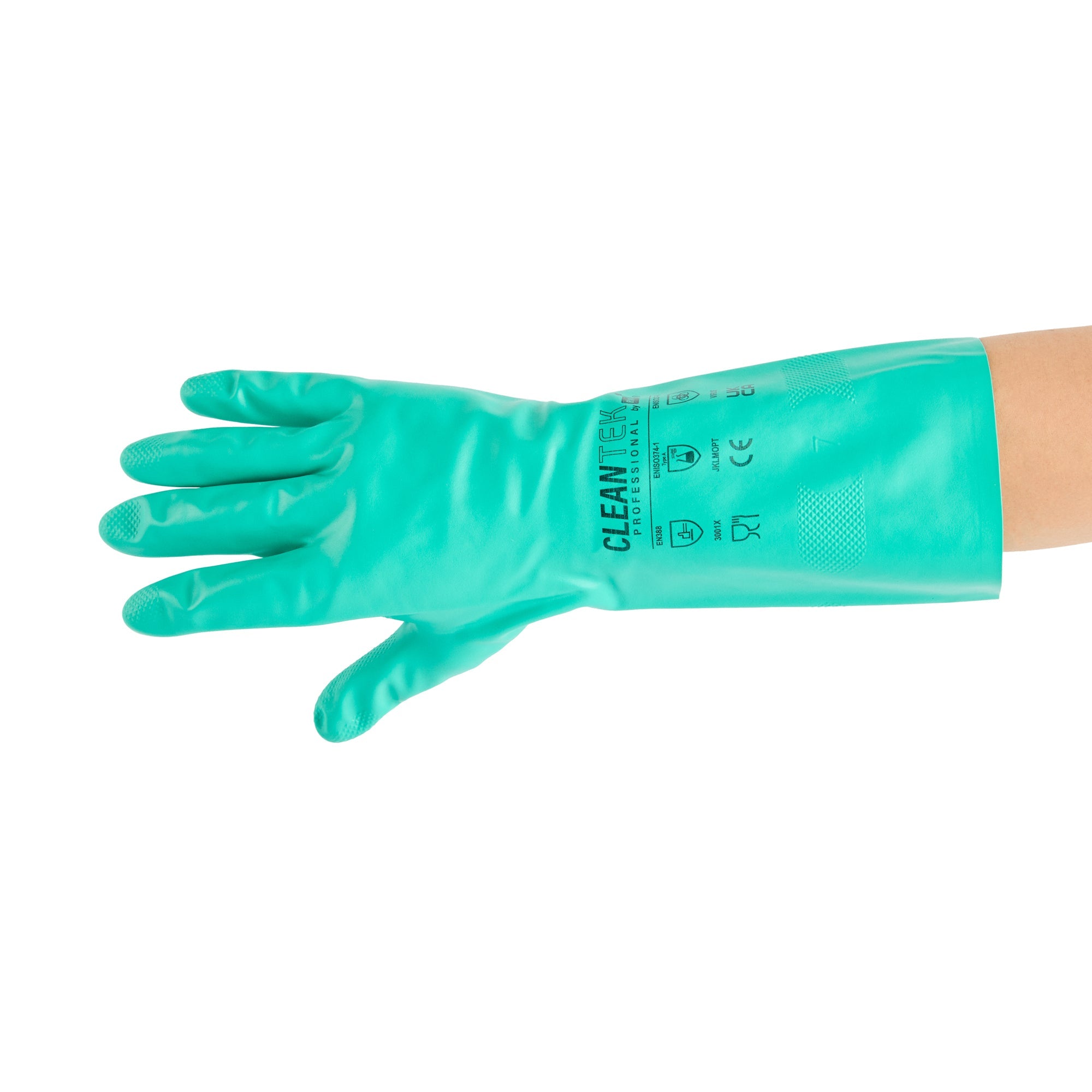 Clean Tek Professional Green Extra Large Nitrile Gloves - 15 mil, Flock Lining, Chemical-Resistant - 13" x 4 3/4" - Pair - 10 count box