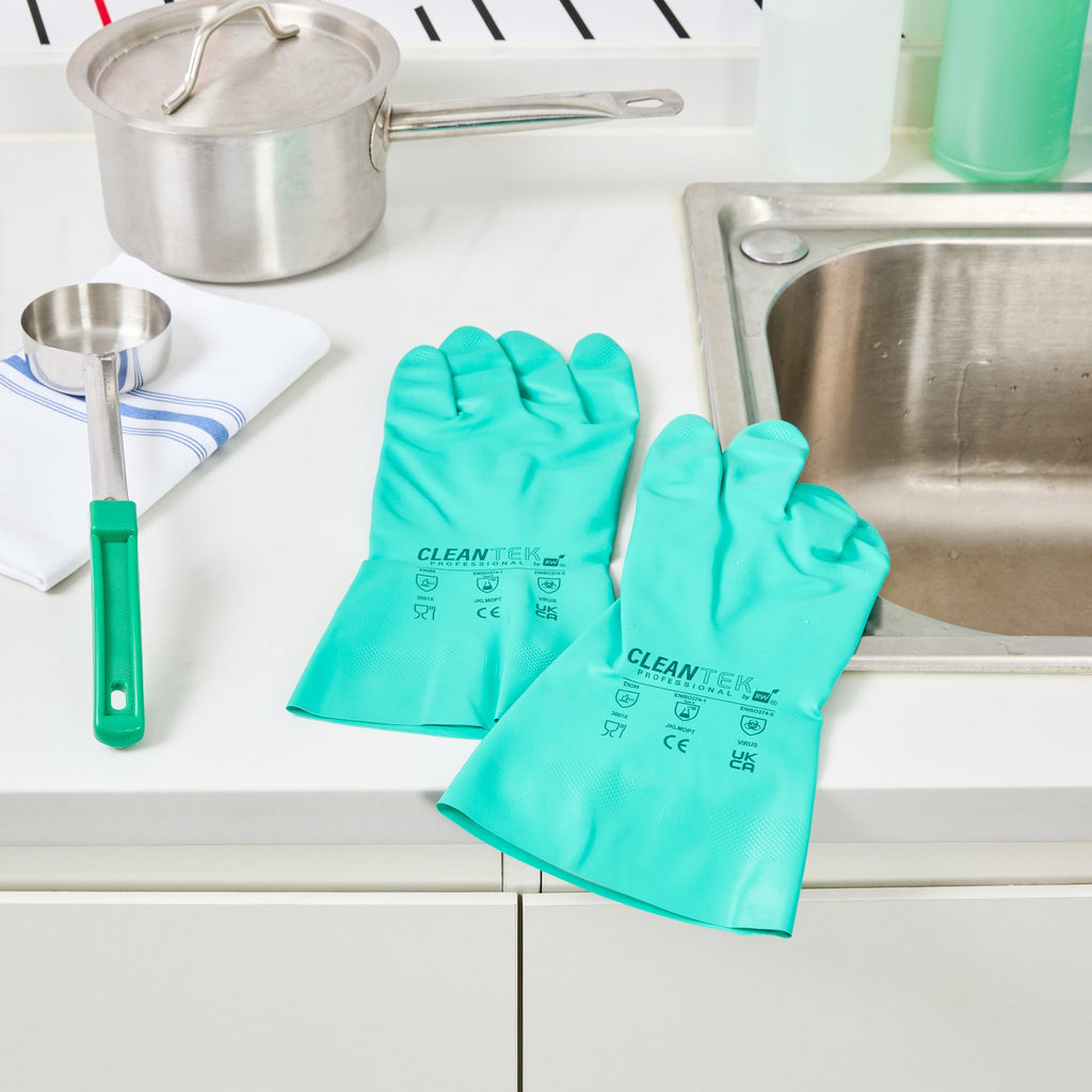 Clean Tek Professional Green XXL Nitrile Gloves - 15 mil, Flock Lining, Chemical-Resistant - 13" x 5" - Pair - 1 count box