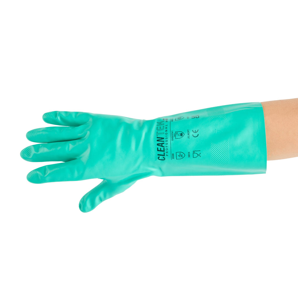 Clean Tek Professional Green XXL Nitrile Gloves - 15 mil, Flock Lining, Chemical-Resistant - 13" x 5" - Pair - 10 count box