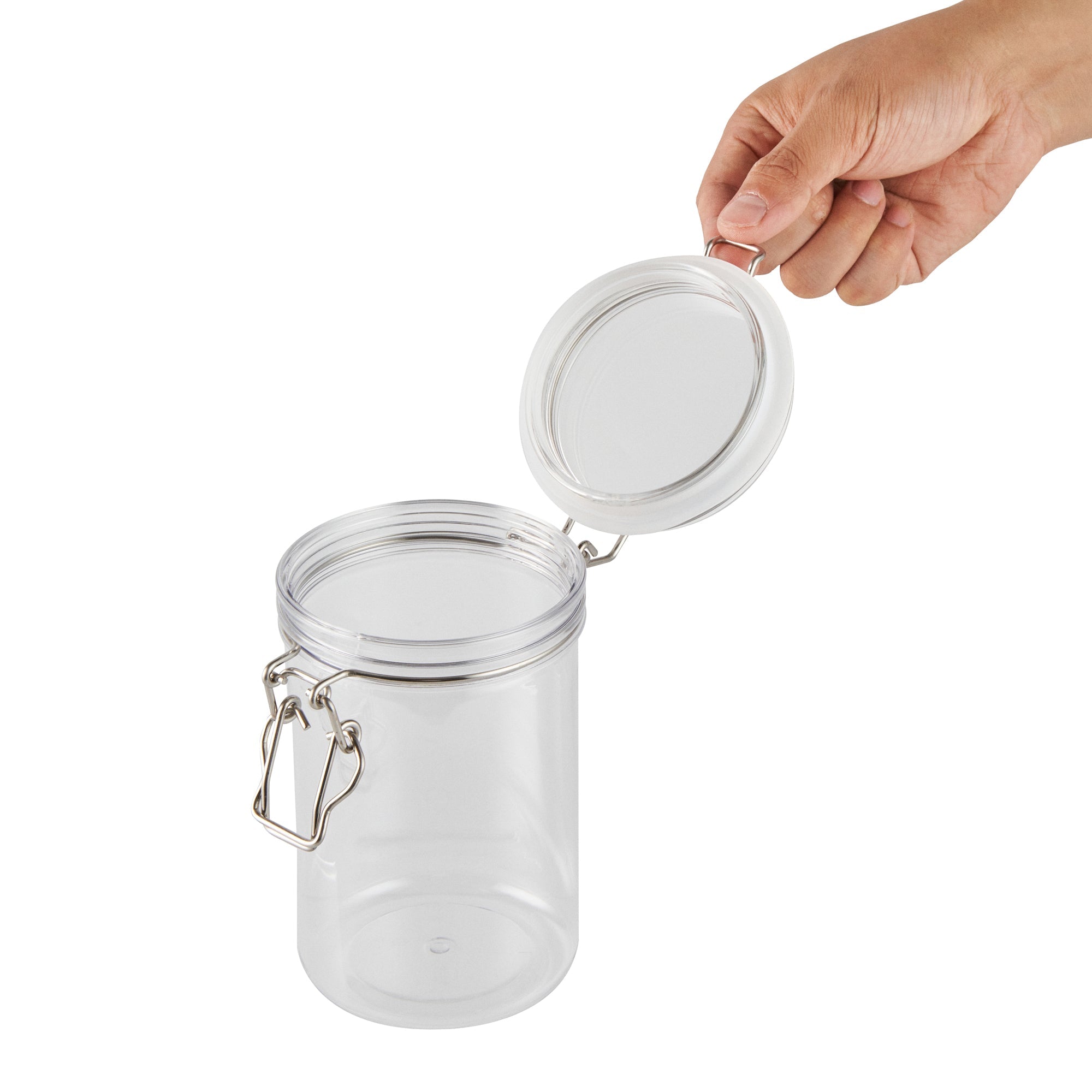 Met Lux 24 oz Round Clear Plastic Storage Jar - with Hinged Lid - 3 1/2" x 3 1/2" x 6" - 2 count box