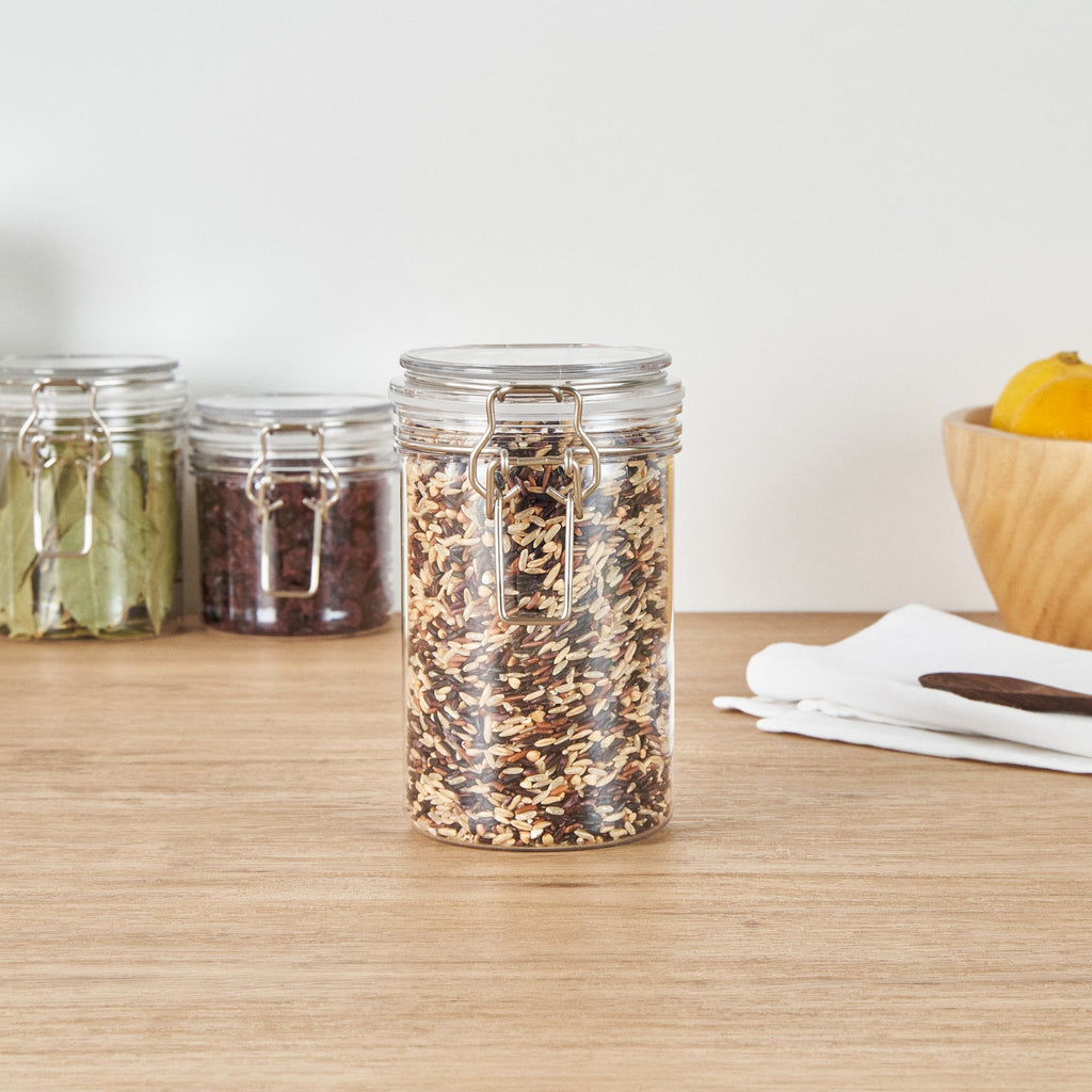 Met Lux 24 oz Round Clear Plastic Storage Jar - with Hinged Lid - 3 1/2" x 3 1/2" x 6" - 20 count box