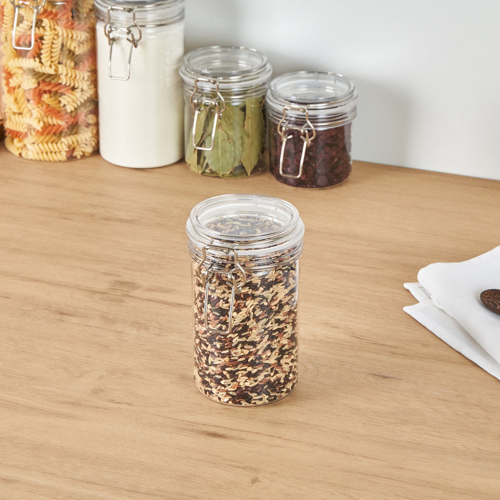 Met Lux 24 oz Round Clear Plastic Storage Jar - with Hinged Lid - 3 1/2" x 3 1/2" x 6" - 20 count box