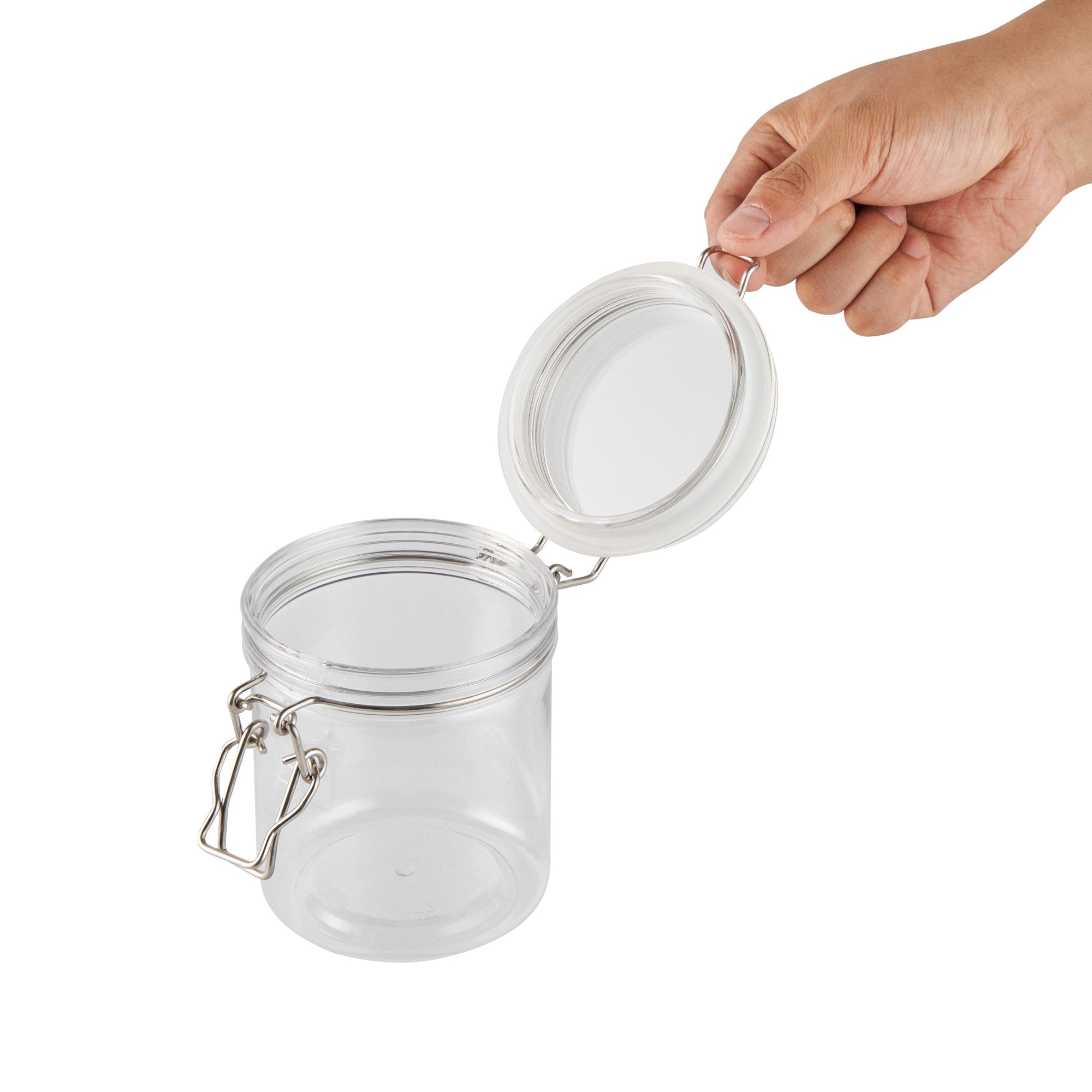 Met Lux 17 oz Round Clear Plastic Storage Jar - with Hinged Lid - 3 1/2" x 3 1/2" x 4 1/2" - 20 count box