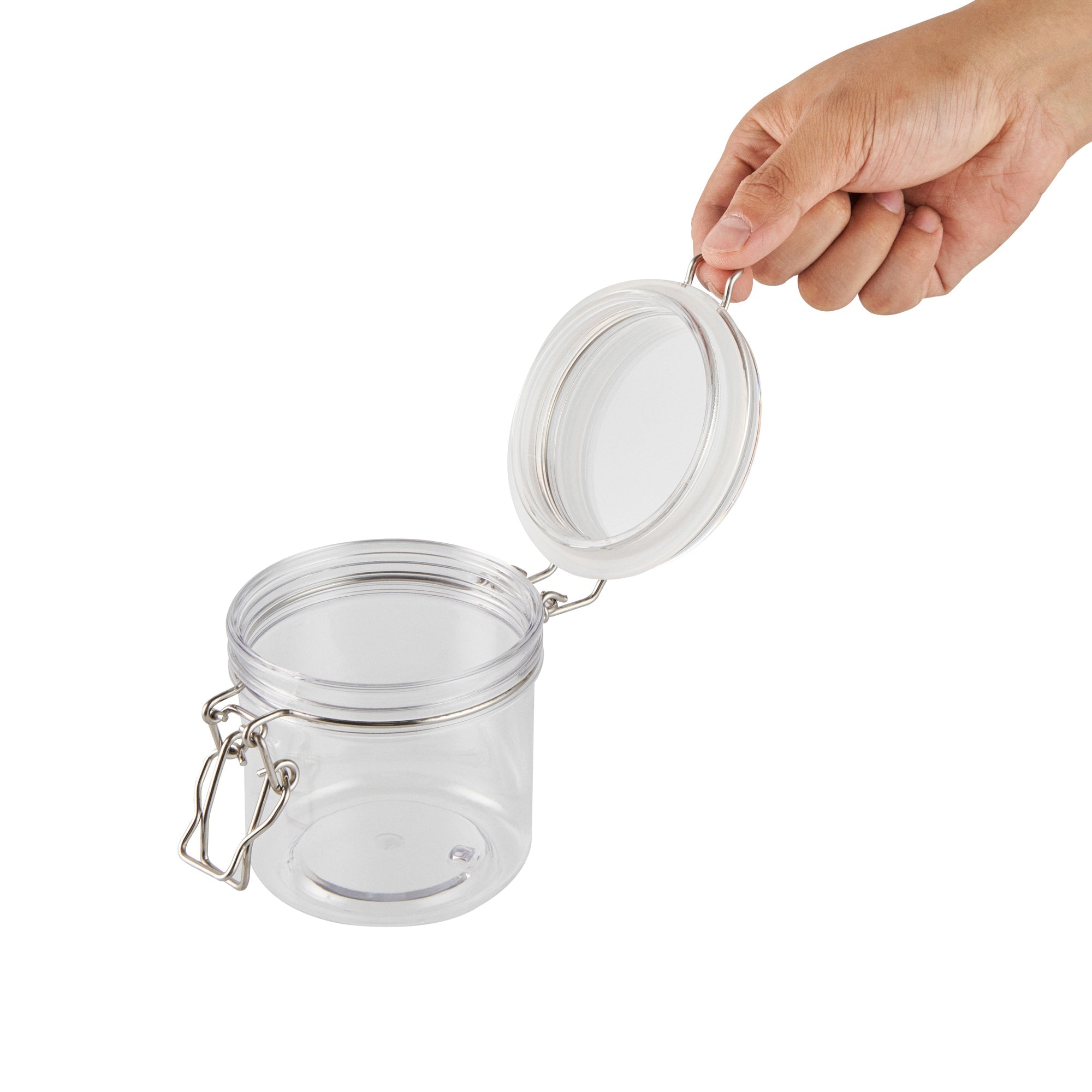 Met Lux 15 oz Round Clear Plastic Storage Jar - with Hinged Lid - 3 1/2" x 3 1/2" x 4" - 20 count box