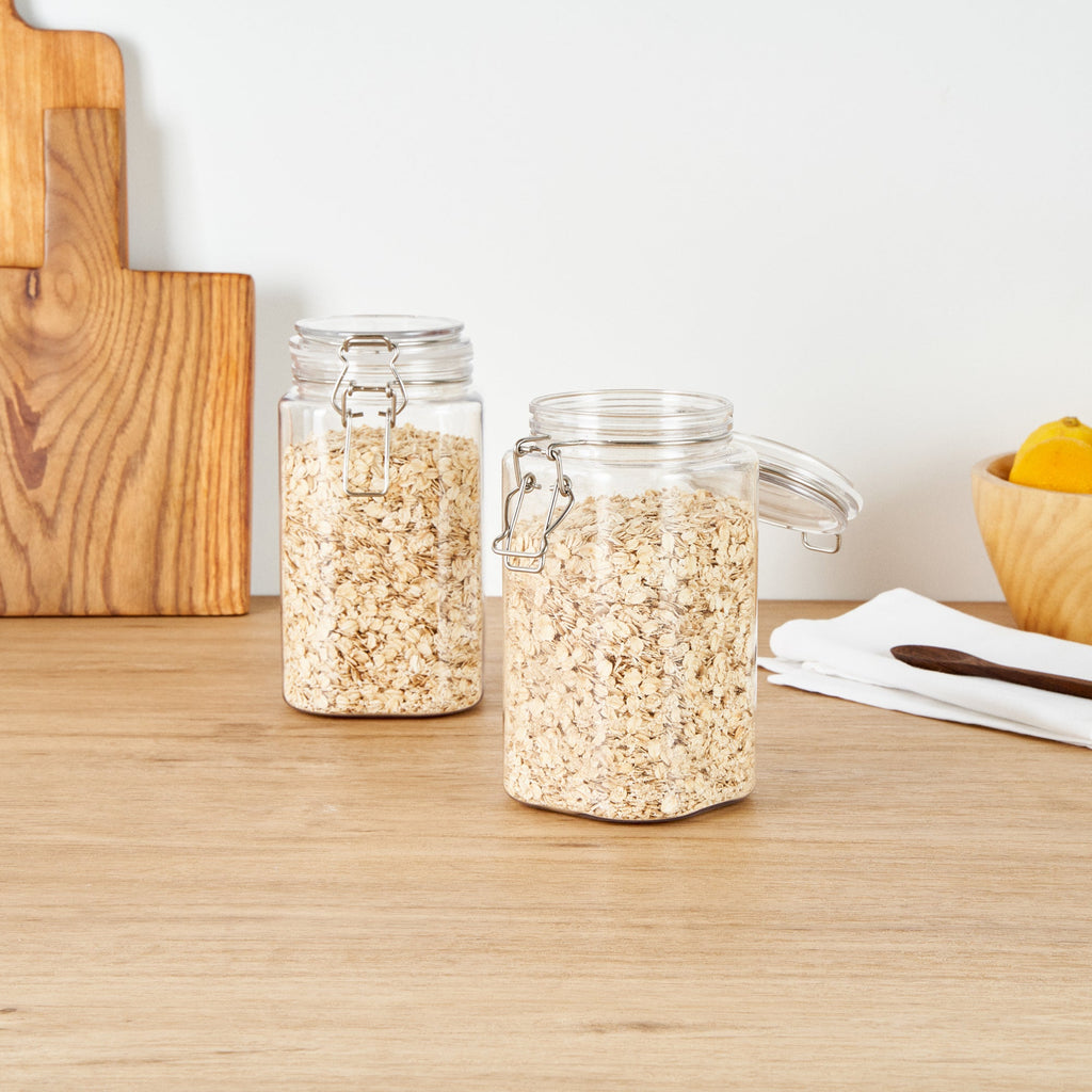 Met Lux 53 oz Square Clear Plastic Storage Jar - with Hinged Lid - 4 1/4" x 4 1/4" x 7 3/4" - 2 count box
