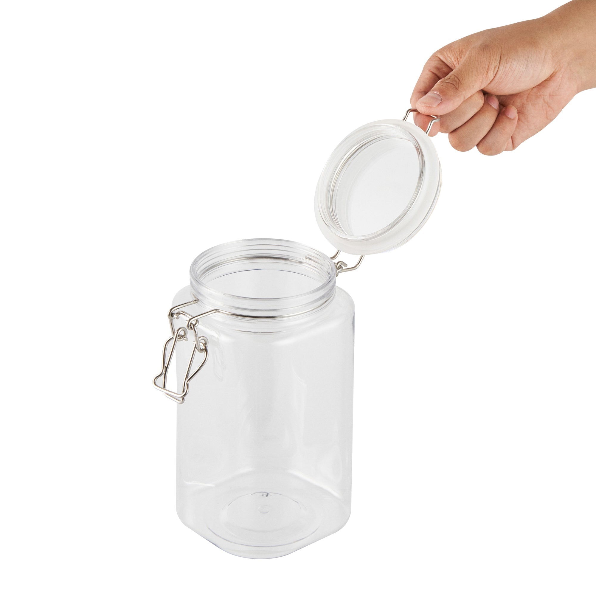 Met Lux 53 oz Square Clear Plastic Storage Jar - with Hinged Lid - 4 1/4" x 4 1/4" x 7 3/4" - 20 count box