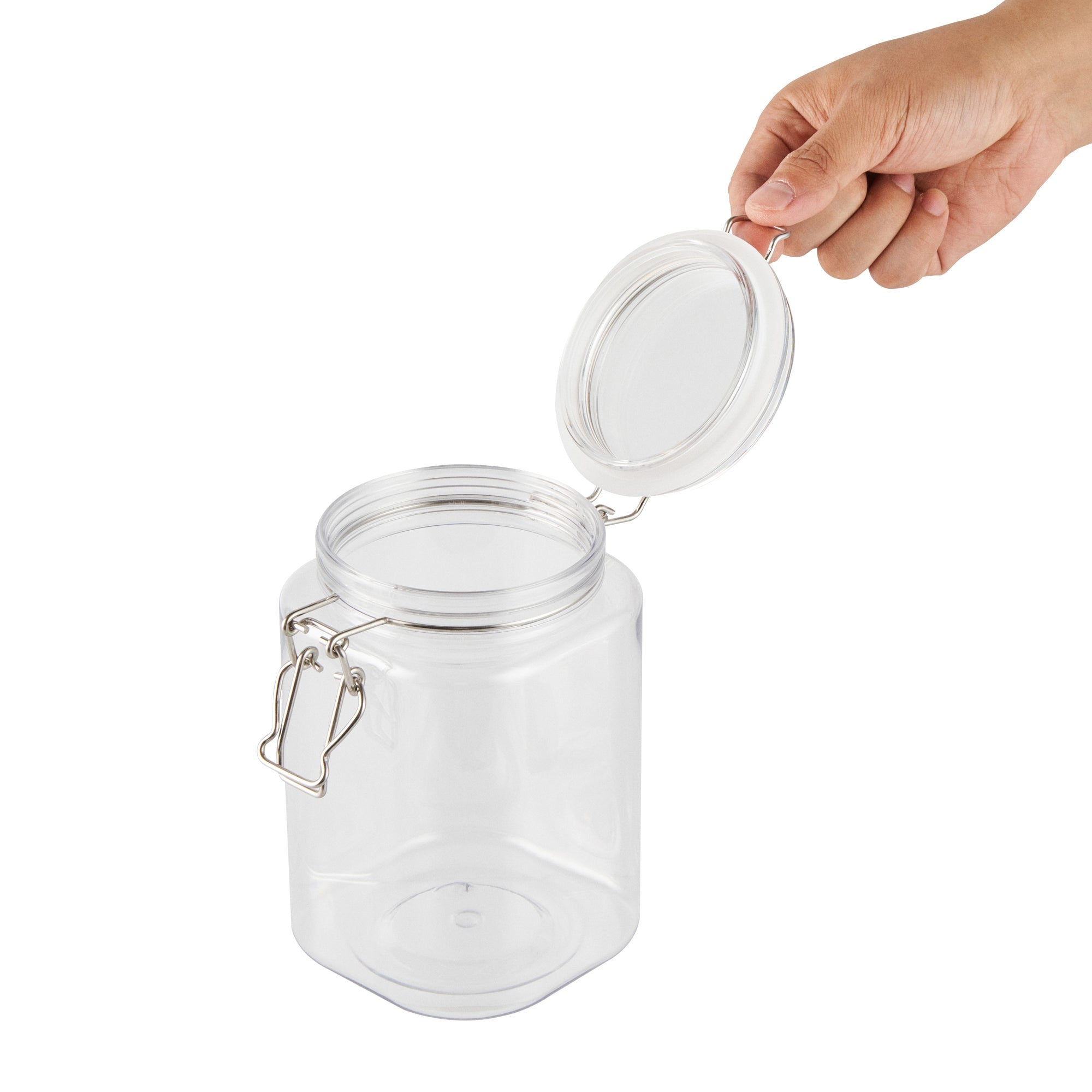 Met Lux 43 oz Square Clear Plastic Storage Jar - with Hinged Lid - 4 1/4" x 4 1/4" x 6 3/4" - 2 count box