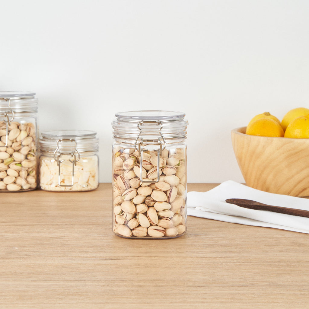 Met Lux 29 oz Square Clear Plastic Storage Jar - with Hinged Lid - 3 3/4" x 3 3/4" x 6" - 2 count box