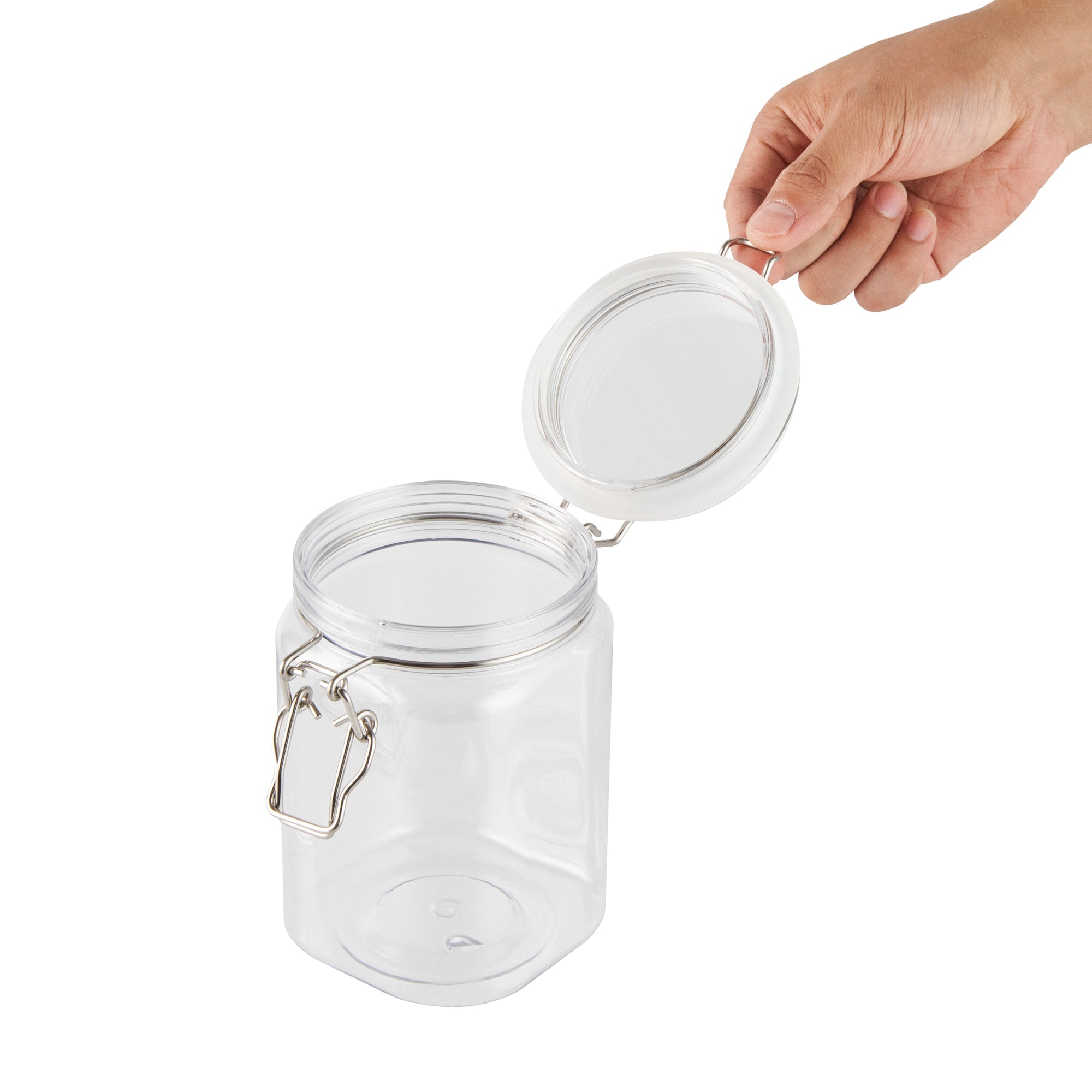 Met Lux 29 oz Square Clear Plastic Storage Jar - with Hinged Lid - 3 3/4" x 3 3/4" x 6" - 20 count box