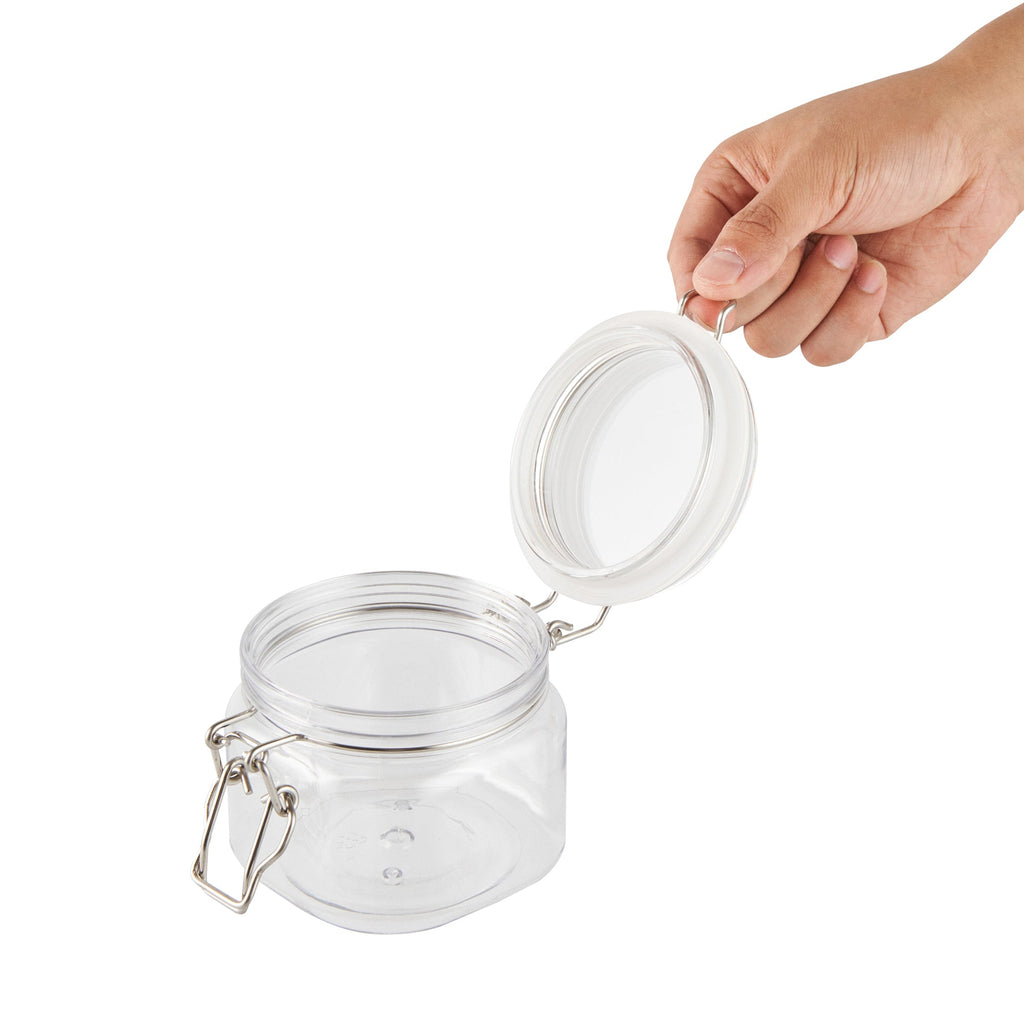 Met Lux 14 oz Square Clear Plastic Storage Jar - with Hinged Lid - 3 3/4" x 3 3/4" x 3 3/4" - 20 count box