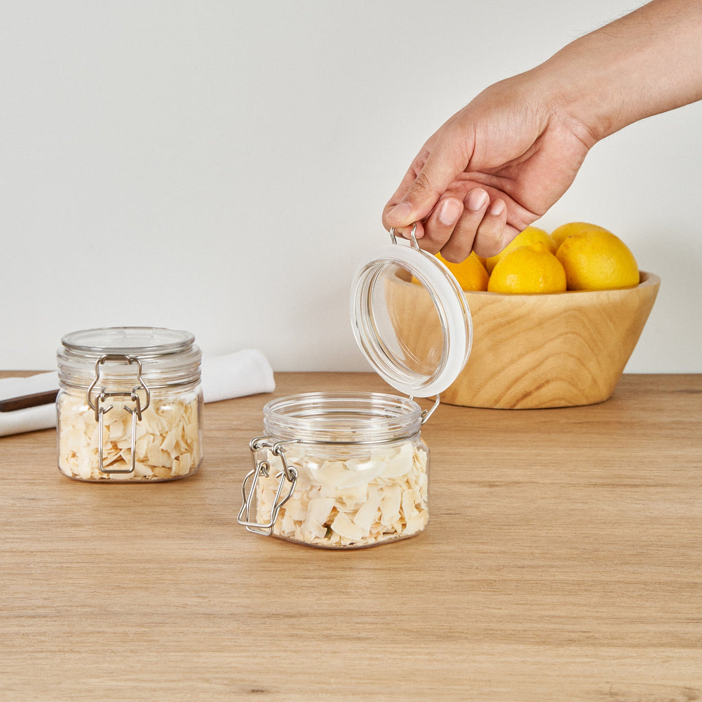 Met Lux 14 oz Square Clear Plastic Storage Jar - with Hinged Lid - 3 3/4" x 3 3/4" x 3 3/4" - 20 count box