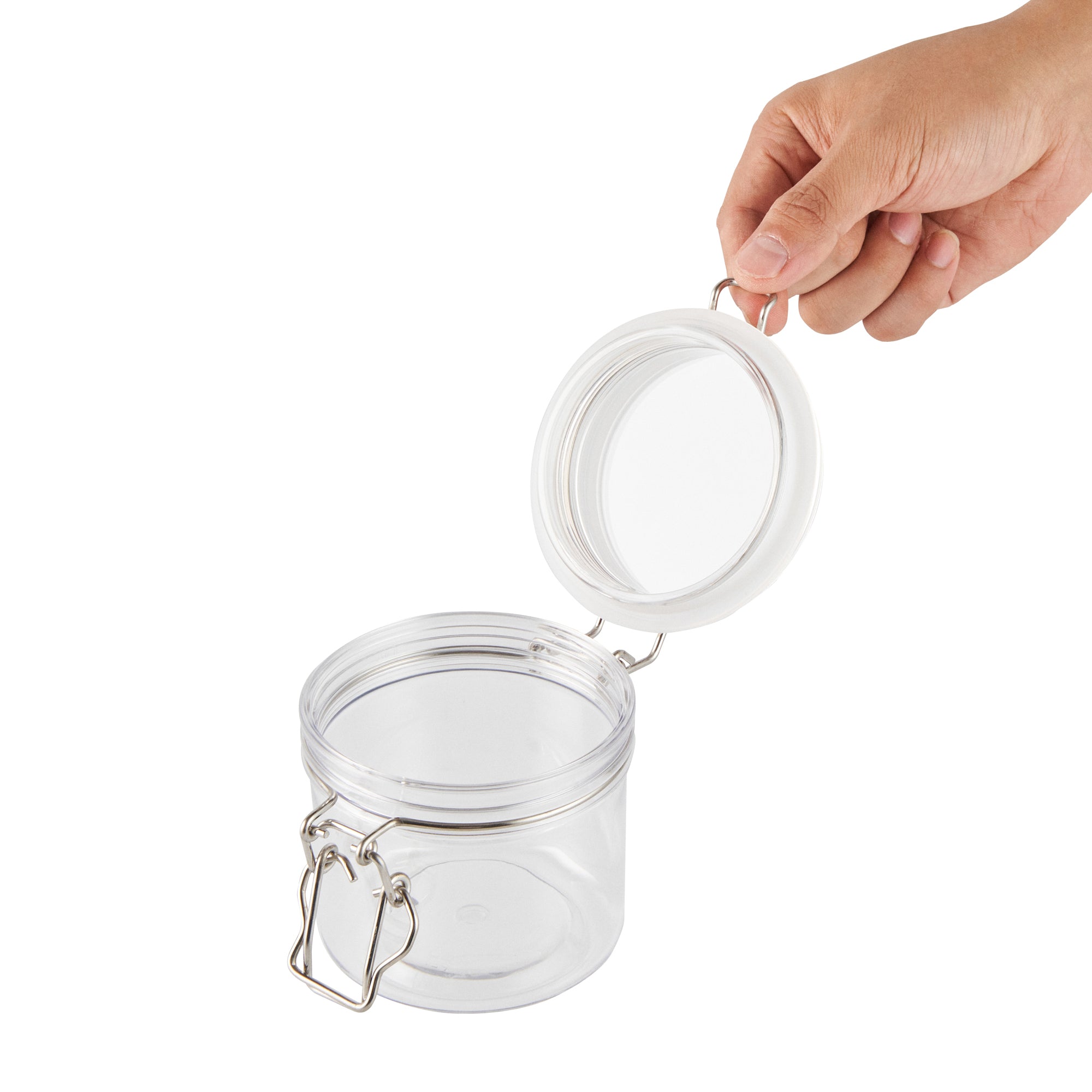 Met Lux 12 oz Round Clear Plastic Storage Jar - with Hinged Lid - 3 1/2" x 3 1/2" x 3 1/2" - 2 count box