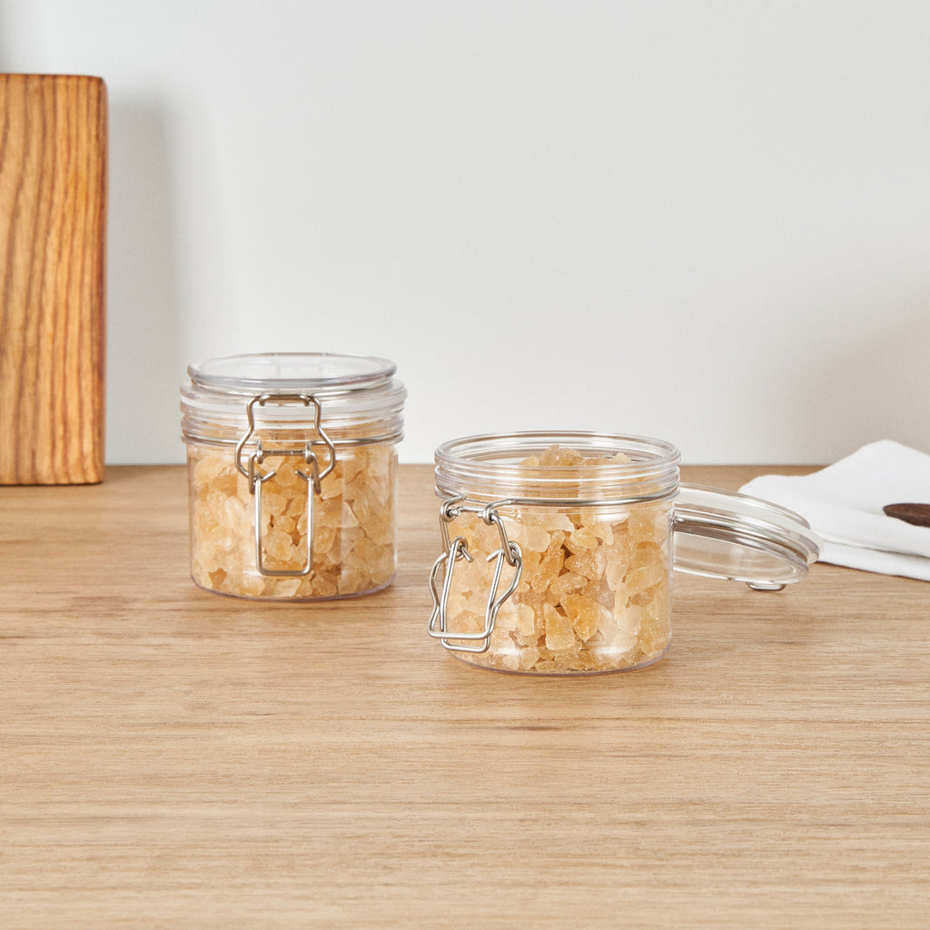Met Lux 12 oz Round Clear Plastic Storage Jar - with Hinged Lid - 3 1/2" x 3 1/2" x 3 1/2" - 2 count box