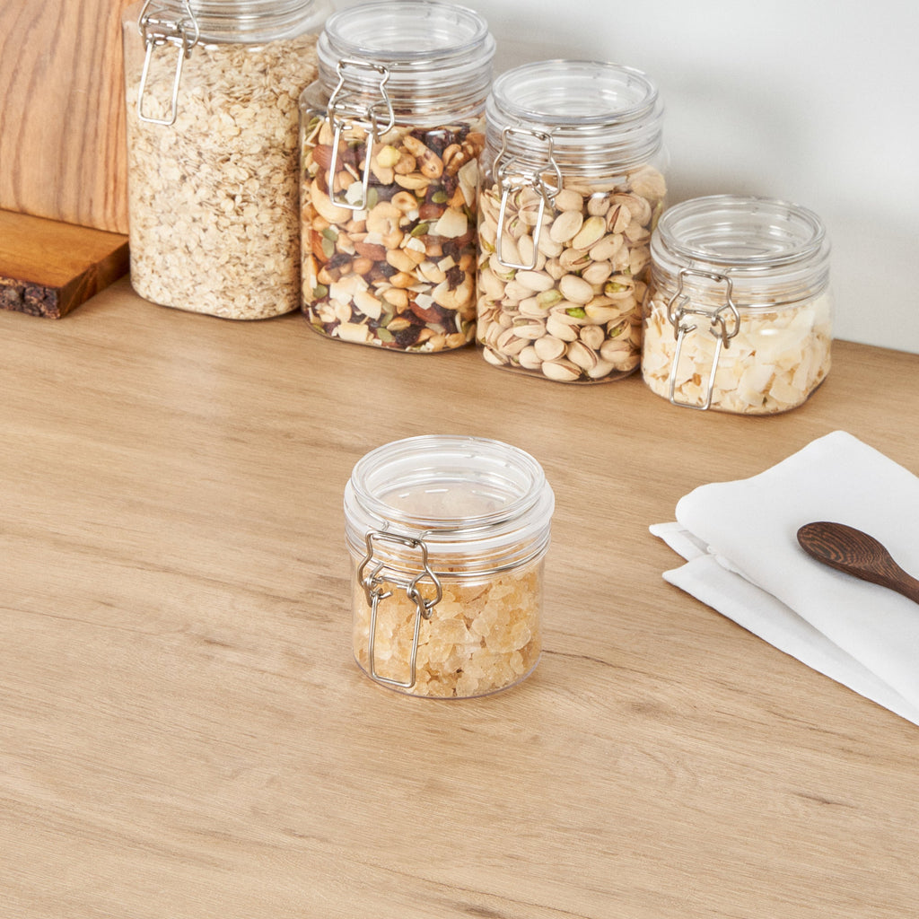 Met Lux 12 oz Round Clear Plastic Storage Jar - with Hinged Lid - 3 1/2" x 3 1/2" x 3 1/2" - 2 count box