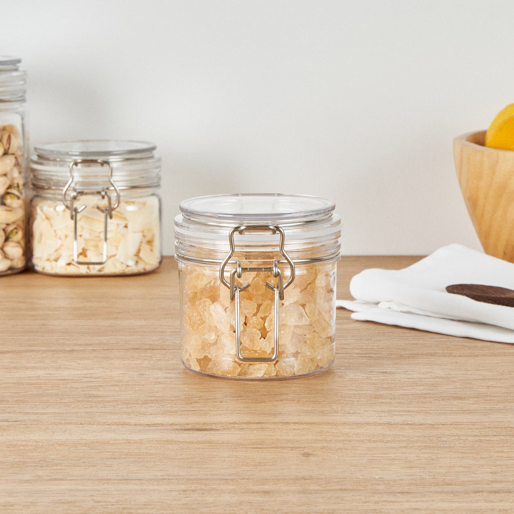 Met Lux 12 oz Round Clear Plastic Storage Jar - with Hinged Lid - 3 1/2" x 3 1/2" x 3 1/2" - 20 count box