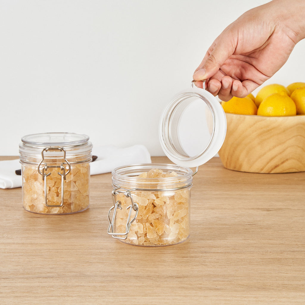 Met Lux 12 oz Round Clear Plastic Storage Jar - with Hinged Lid - 3 1/2" x 3 1/2" x 3 1/2" - 20 count box