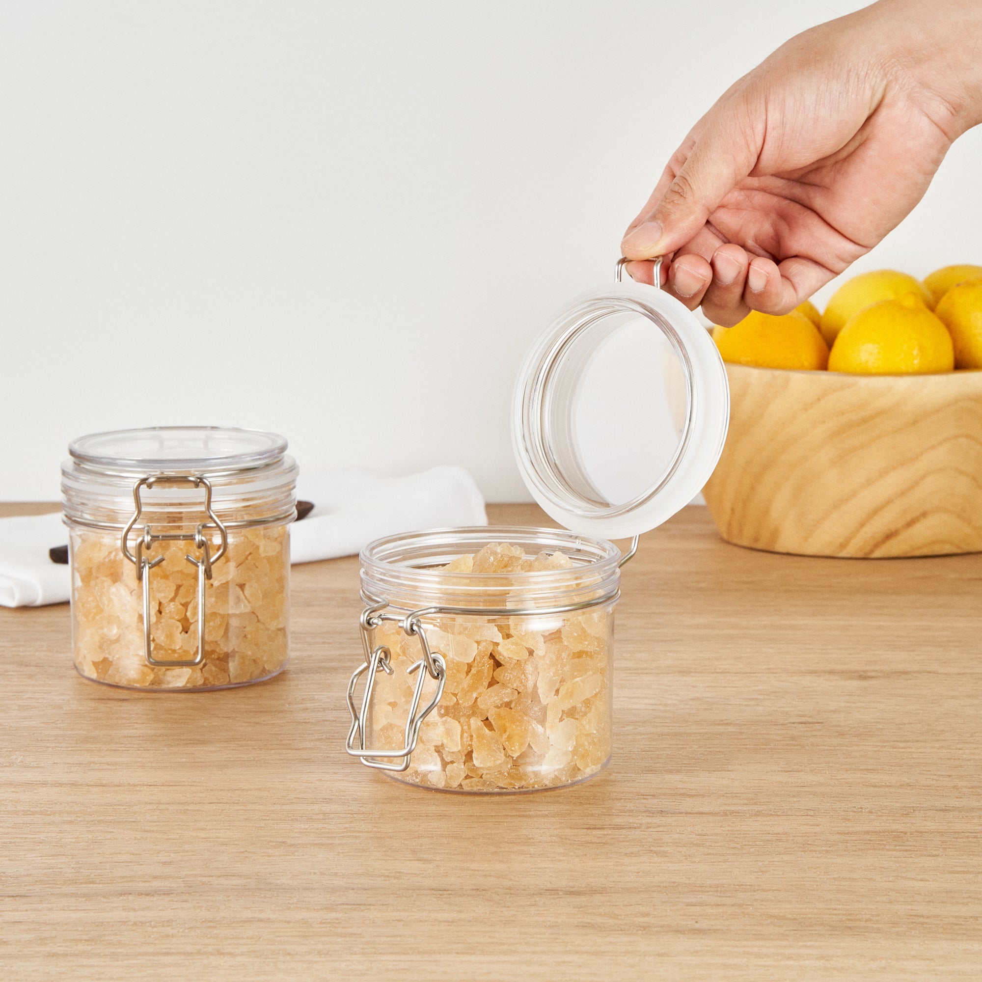 Met Lux 12 oz Round Clear Plastic Storage Jar - with Hinged Lid - 3 1/2" x 3 1/2" x 3 1/2" - 20 count box