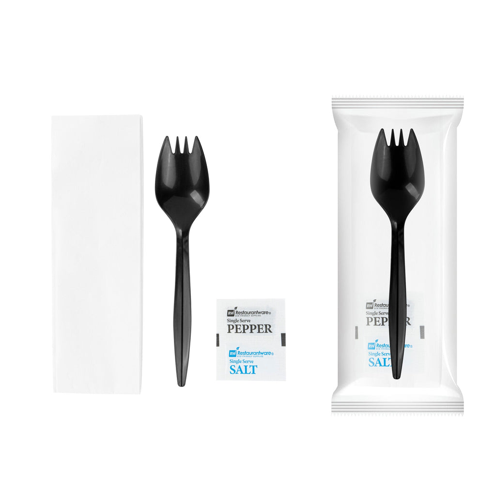 Chef 101 Black Plastic Spork - with Napkin and Salt / Pepper Packets, Medium Weight, Wrapped - 5 1/4" - 250 count box