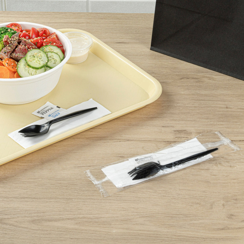 Chef 101 Black Plastic Spork - with Napkin and Salt / Pepper Packets, Medium Weight, Wrapped - 5 1/4" - 250 count box