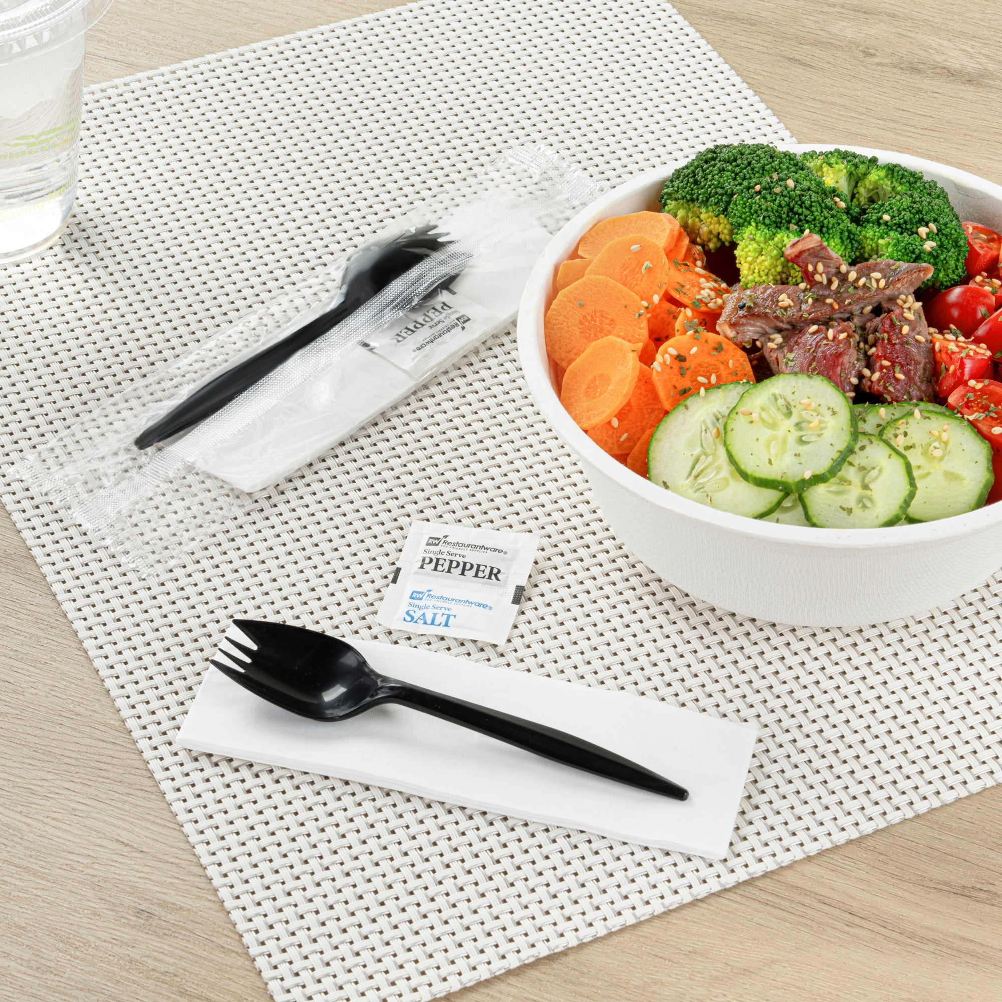Chef 101 Black Plastic Spork - with Napkin and Salt / Pepper Packets, Medium Weight, Wrapped - 5 1/4" - 500 count box