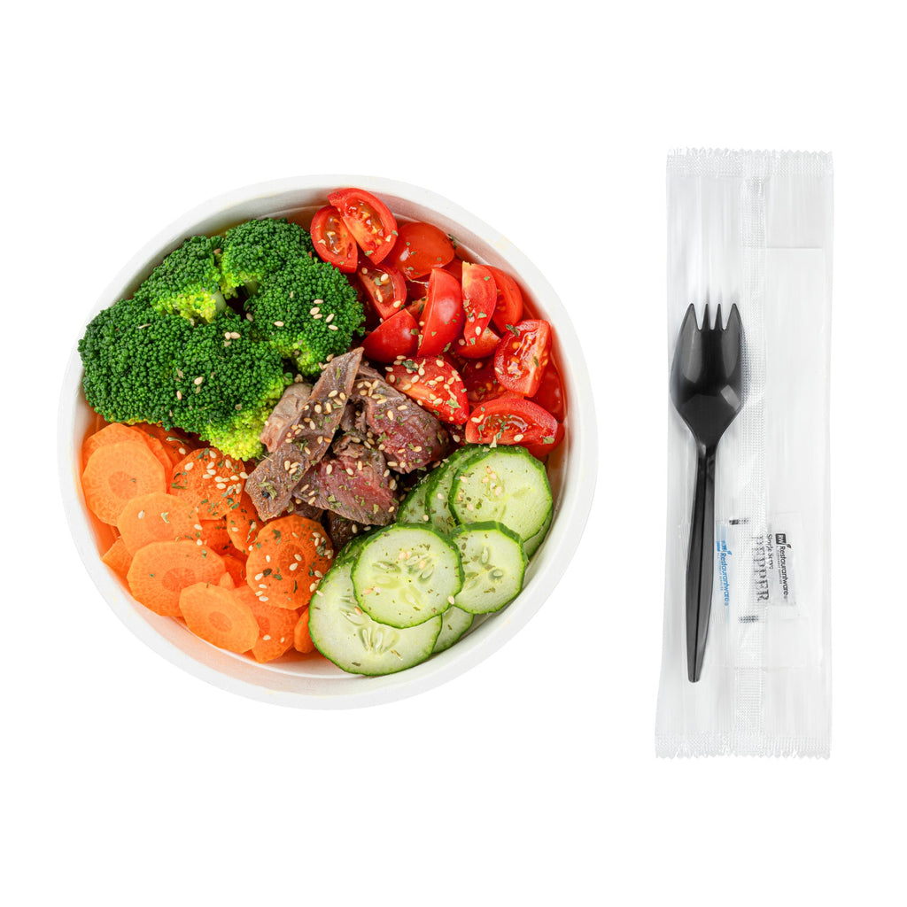 Chef 101 Black Plastic Spork - with Napkin and Salt / Pepper Packets, Medium Weight, Wrapped - 5 1/4" - 500 count box