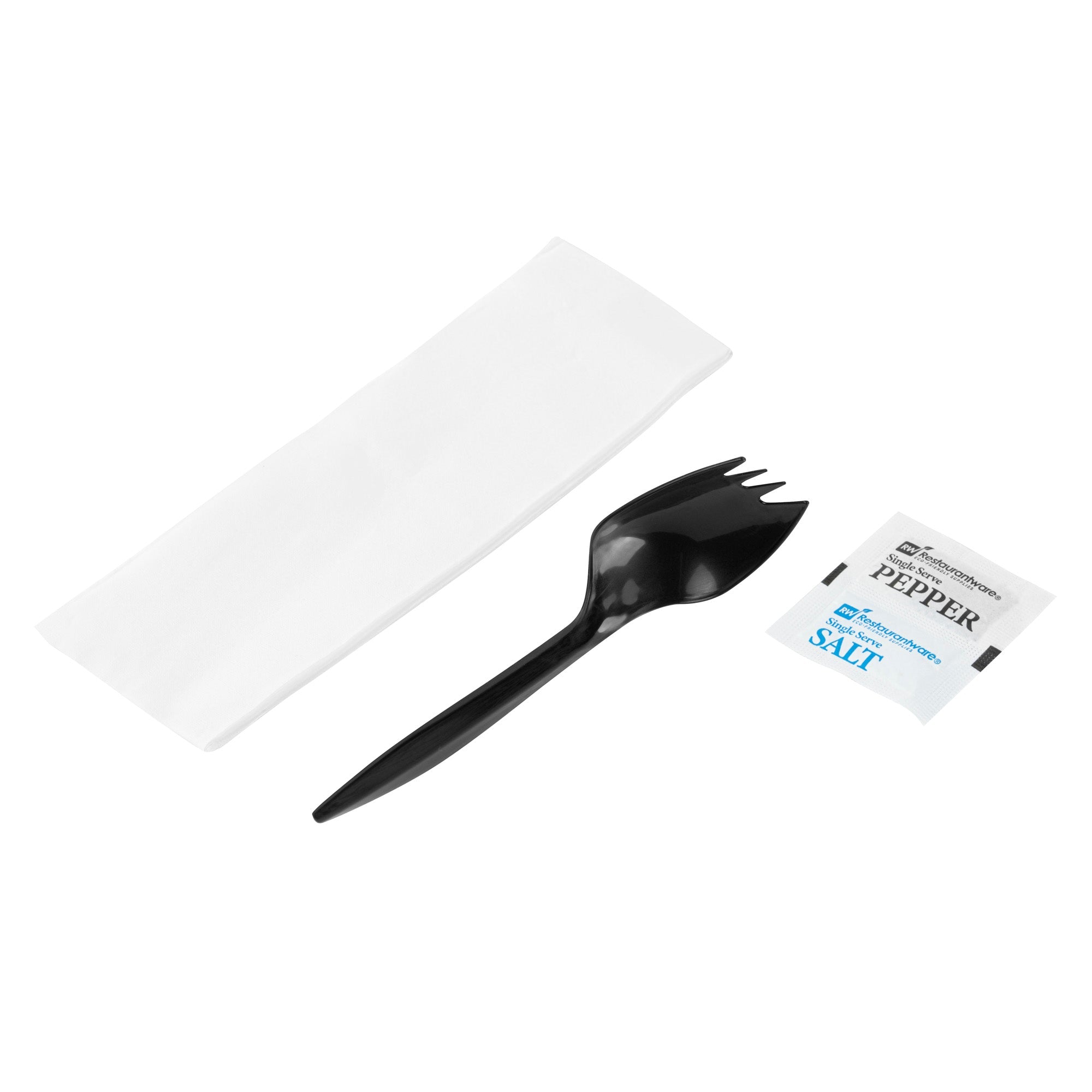 Chef 101 Black Plastic Spork - with Napkin and Salt / Pepper Packets, Medium Weight, Wrapped - 5 1/4" - 500 count box