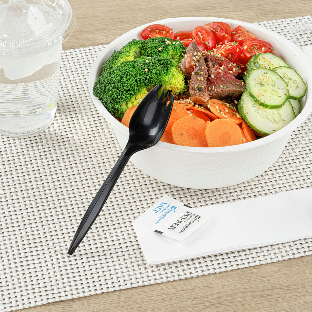 Chef 101 Black Plastic Spork - with Napkin and Salt / Pepper Packets, Medium Weight, Wrapped - 5 1/4" - 500 count box