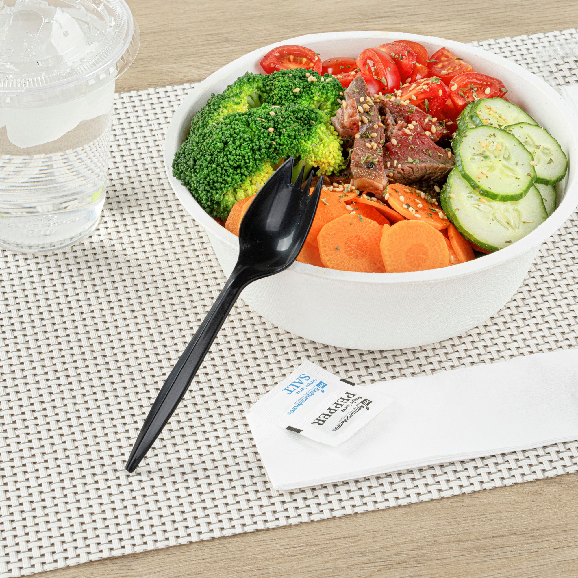 Chef 101 Black Plastic Spork - with Napkin and Salt / Pepper Packets, Medium Weight, Wrapped - 5 1/4" - 500 count box
