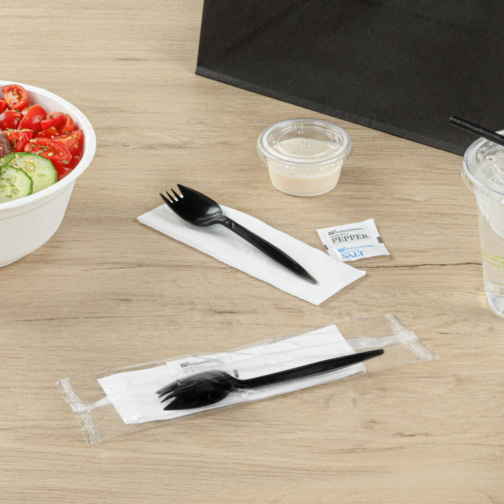 Chef 101 Black Plastic Spork - with Napkin and Salt / Pepper Packets, Medium Weight, Wrapped - 5 1/4" - 500 count box