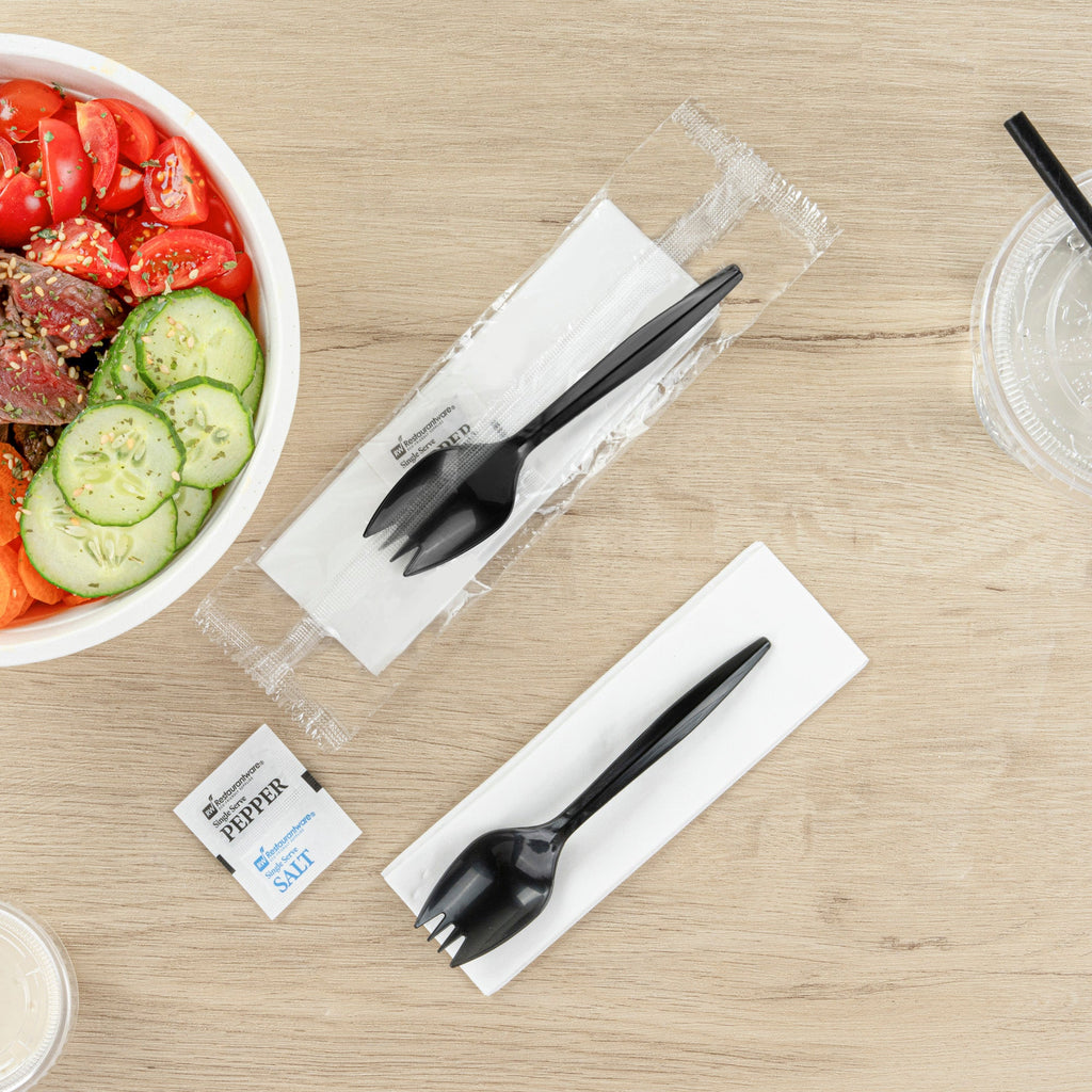 Chef 101 Black Plastic Spork - with Napkin and Salt / Pepper Packets, Medium Weight, Wrapped - 5 1/4" - 500 count box