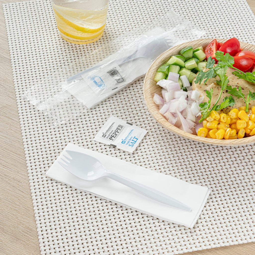 Chef 101 White Plastic Spork - with Napkin and Salt / Pepper Packets, Medium Weight, Wrapped - 5 1/4" - 250 count box