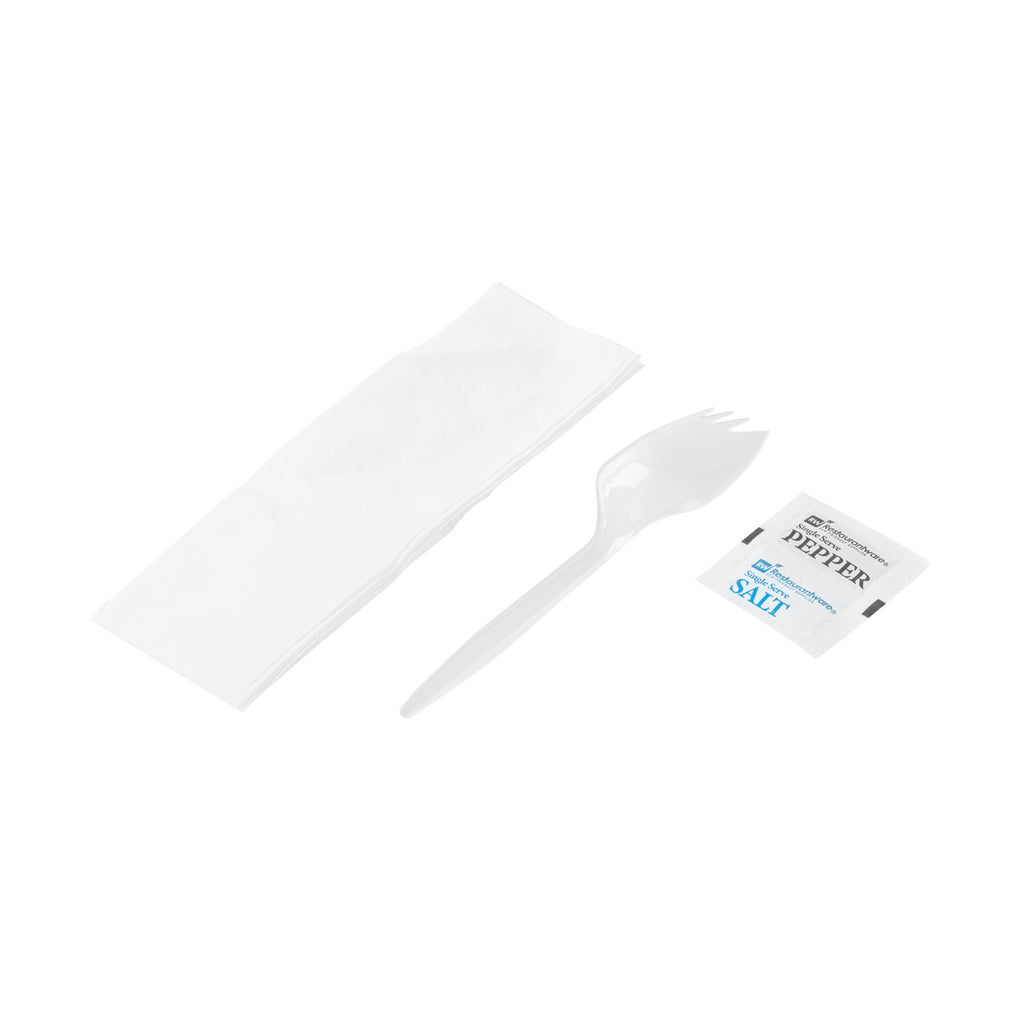 Chef 101 White Plastic Spork - with Napkin and Salt / Pepper Packets, Medium Weight, Wrapped - 5 1/4" - 250 count box