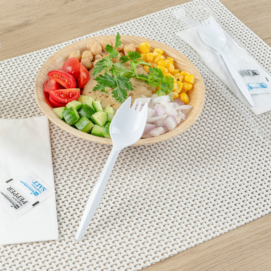 Chef 101 White Plastic Spork - with Napkin and Salt / Pepper Packets, Medium Weight, Wrapped - 5 1/4" - 250 count box