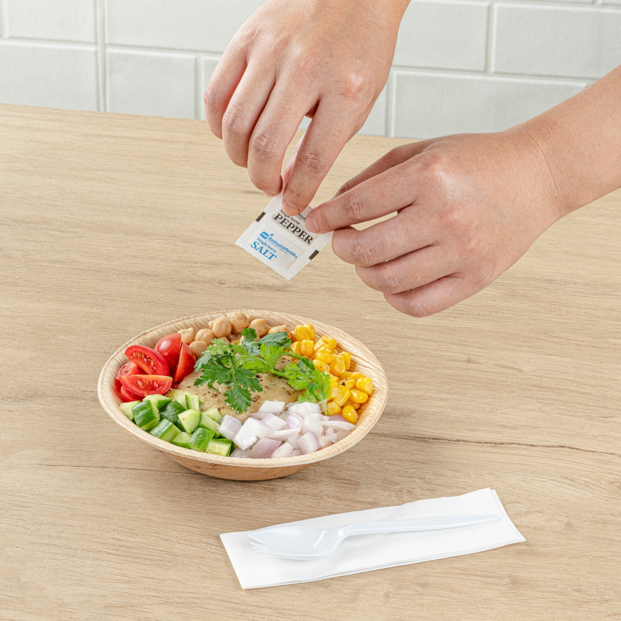 Chef 101 White Plastic Spork - with Napkin and Salt / Pepper Packets, Medium Weight, Wrapped - 5 1/4" - 250 count box