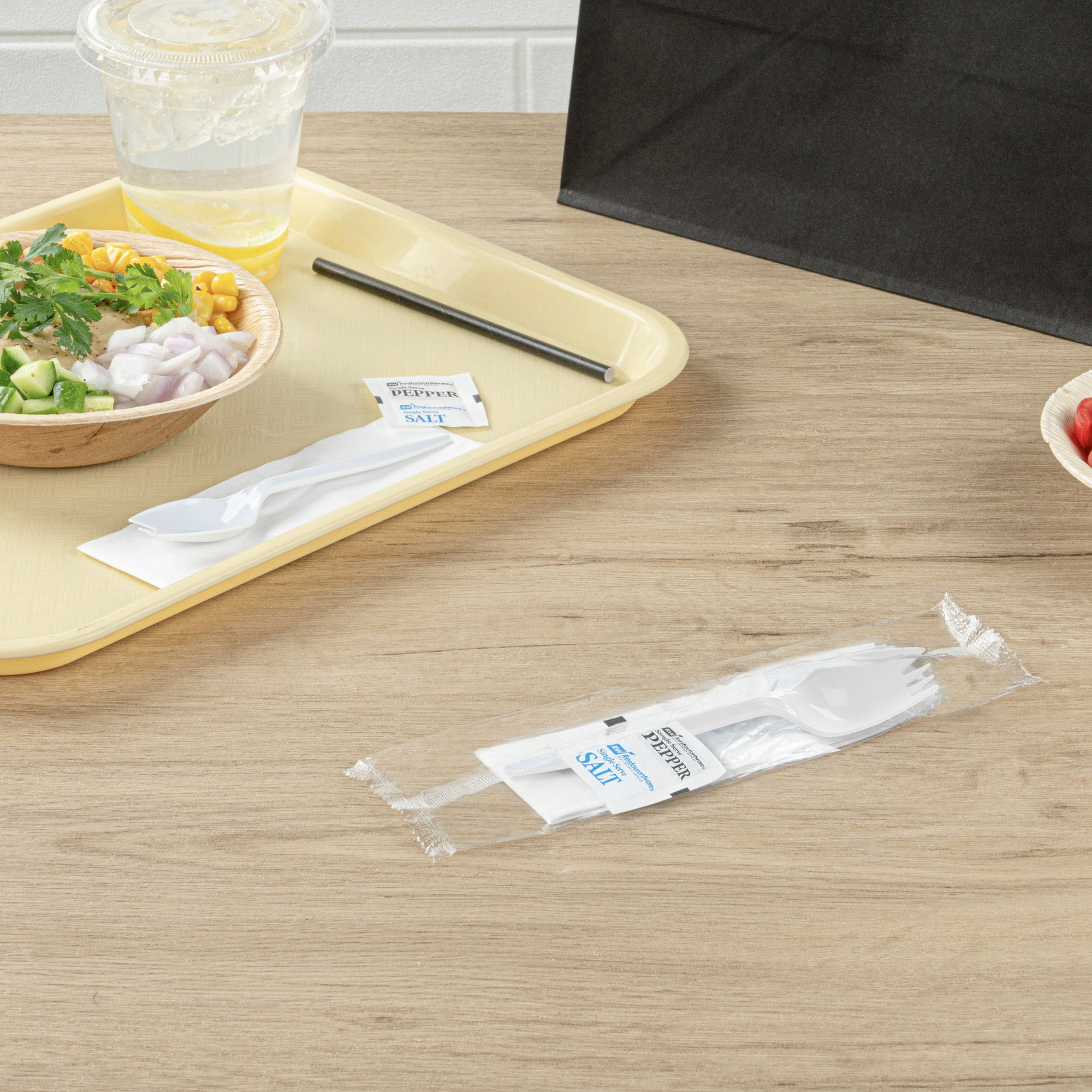 Chef 101 White Plastic Spork - with Napkin and Salt / Pepper Packets, Medium Weight, Wrapped - 5 1/4" - 250 count box