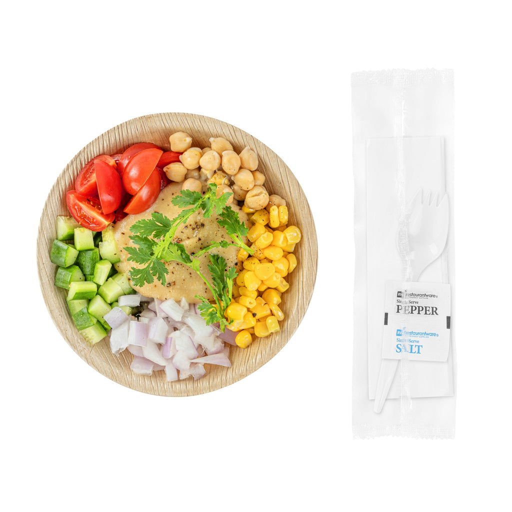 Chef 101 White Plastic Spork - with Napkin and Salt / Pepper Packets, Medium Weight, Wrapped - 5 1/4" - 500 count box