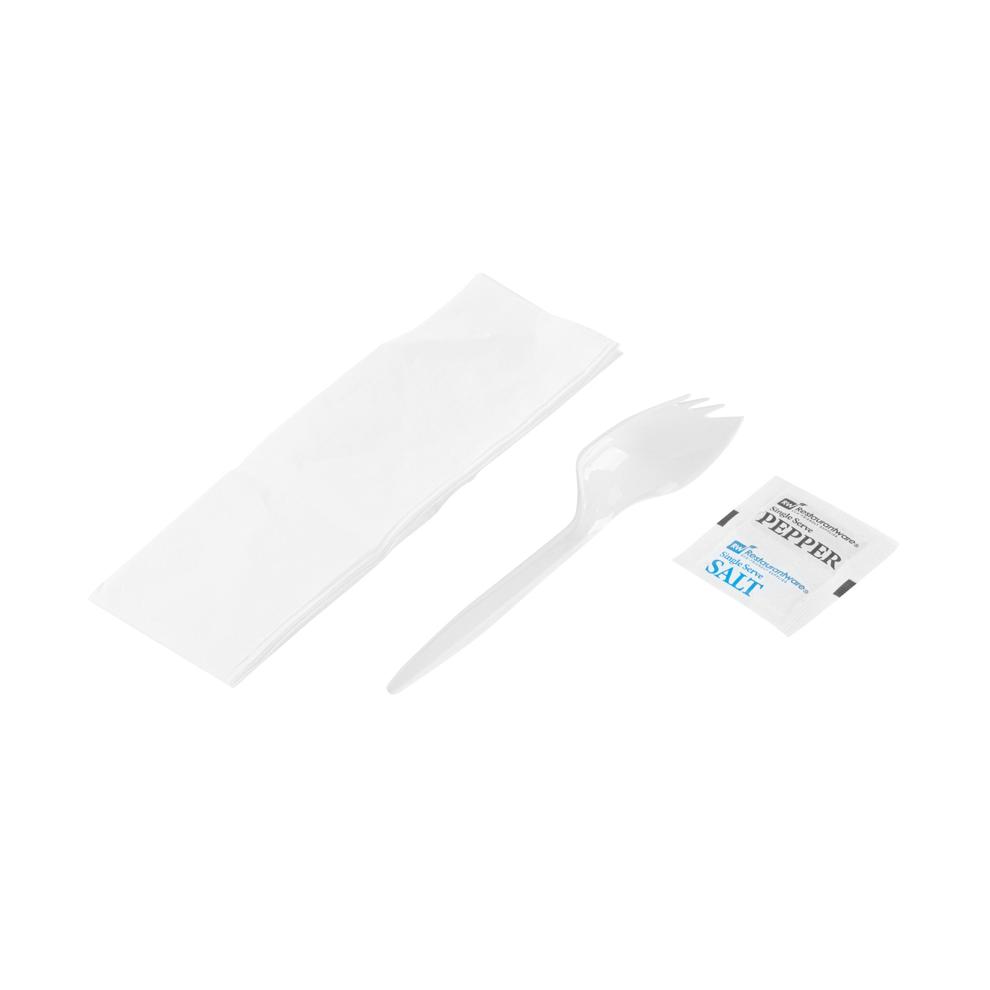 Chef 101 White Plastic Spork - with Napkin and Salt / Pepper Packets, Medium Weight, Wrapped - 5 1/4" - 500 count box