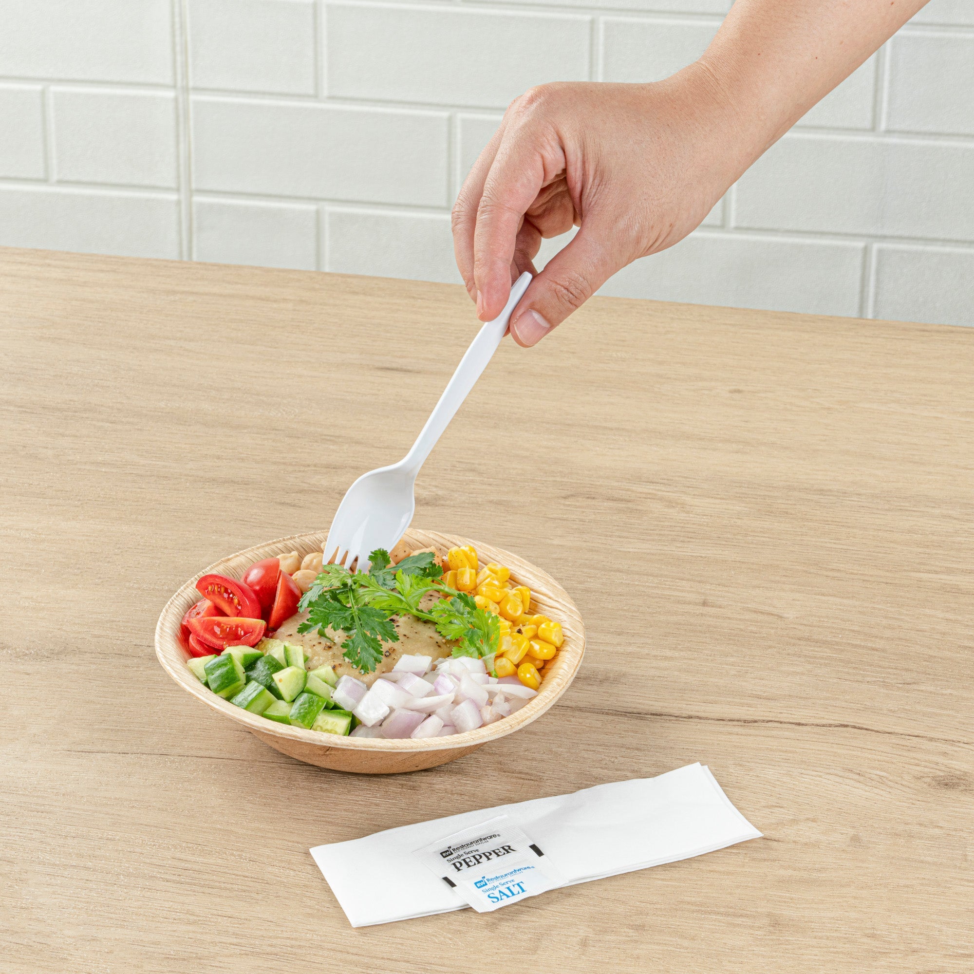 Chef 101 White Plastic Spork - with Napkin and Salt / Pepper Packets, Medium Weight, Wrapped - 5 1/4" - 500 count box