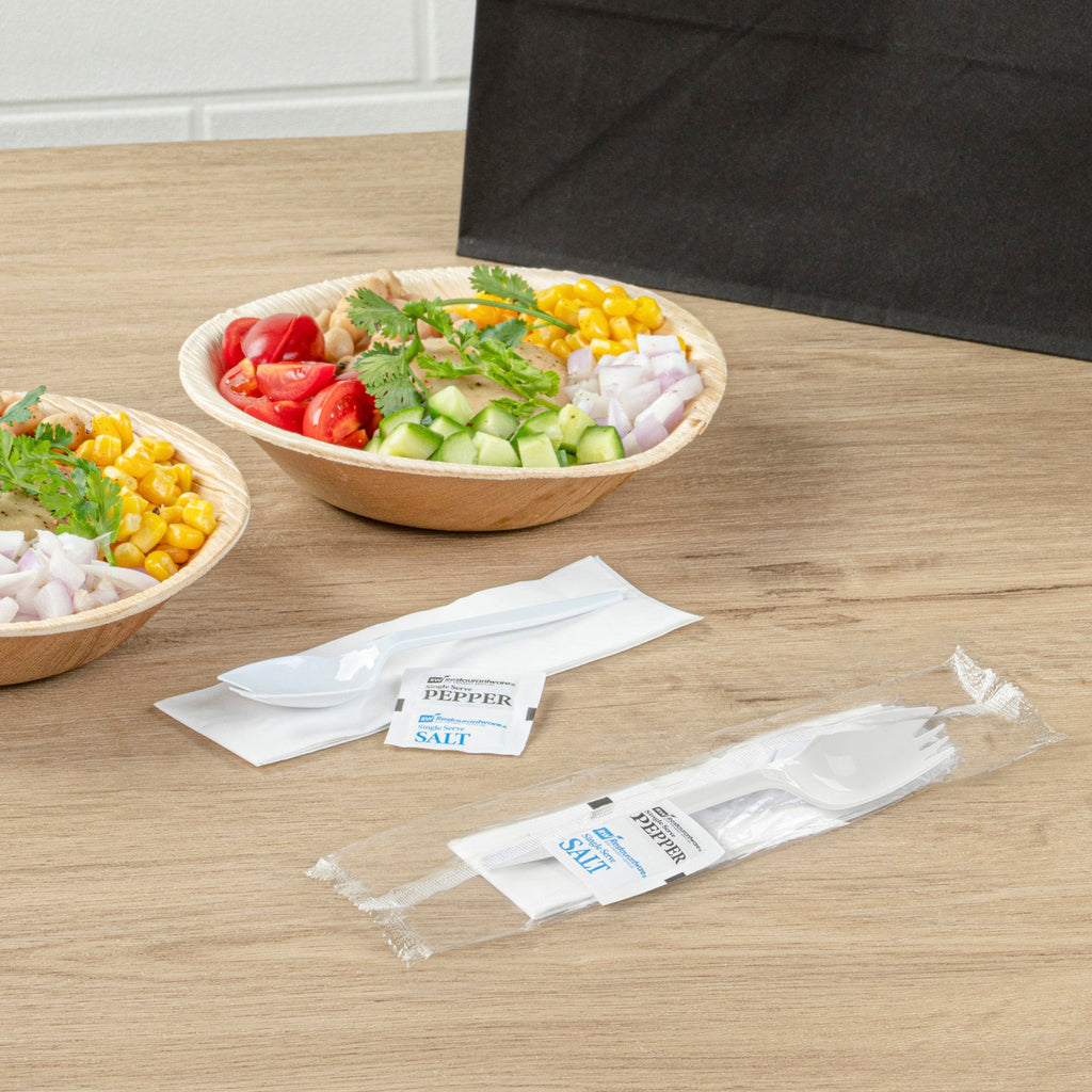 Chef 101 White Plastic Spork - with Napkin and Salt / Pepper Packets, Medium Weight, Wrapped - 5 1/4" - 500 count box